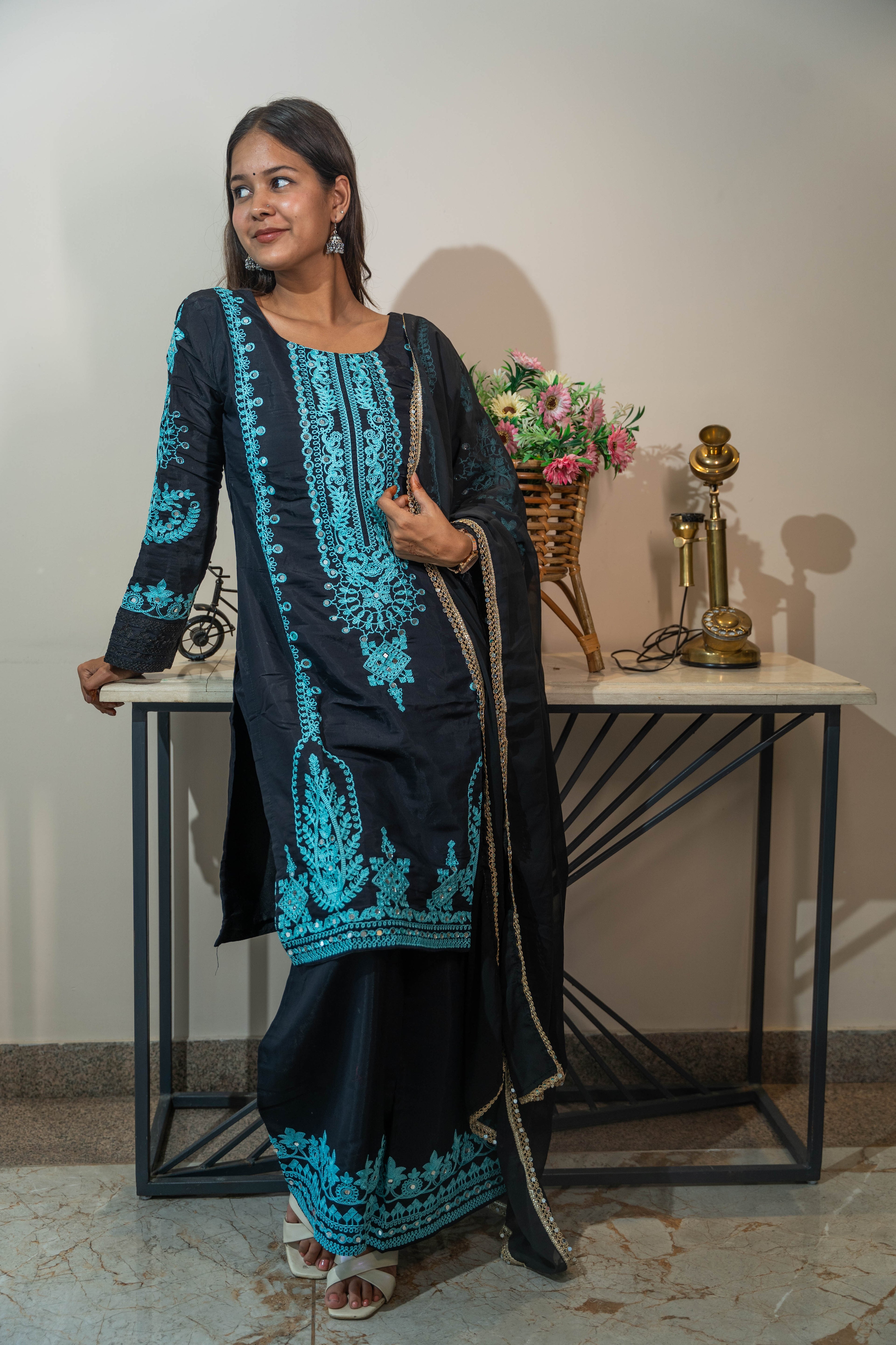 Pure Cotton Embroidered Salwar Suit with Mirror Work & Georgette Dupatta