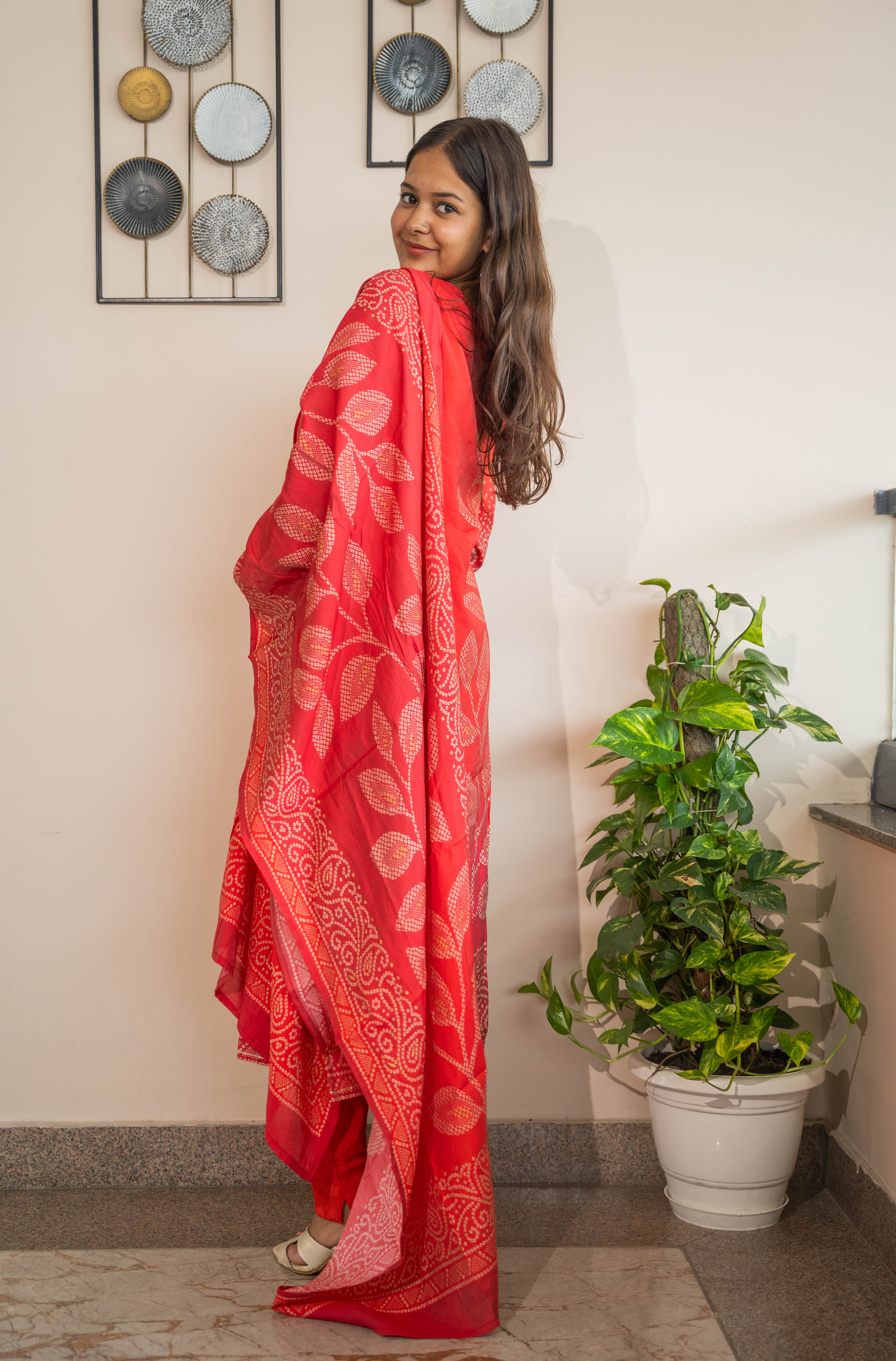 Red Pure Muslin Silk Kurti Pant Dupatta Set with Handwork & Prints