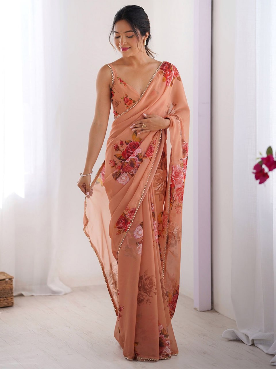 Orange Printed Georgette Saree with Moti Lace & Satin Patta Blouse
