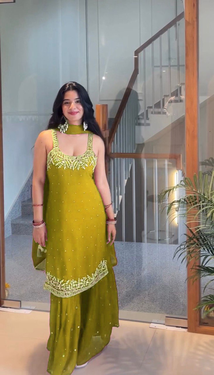 Green Georgette Sharara Set with Dupatta – Thread, Sequin & Pearl Work