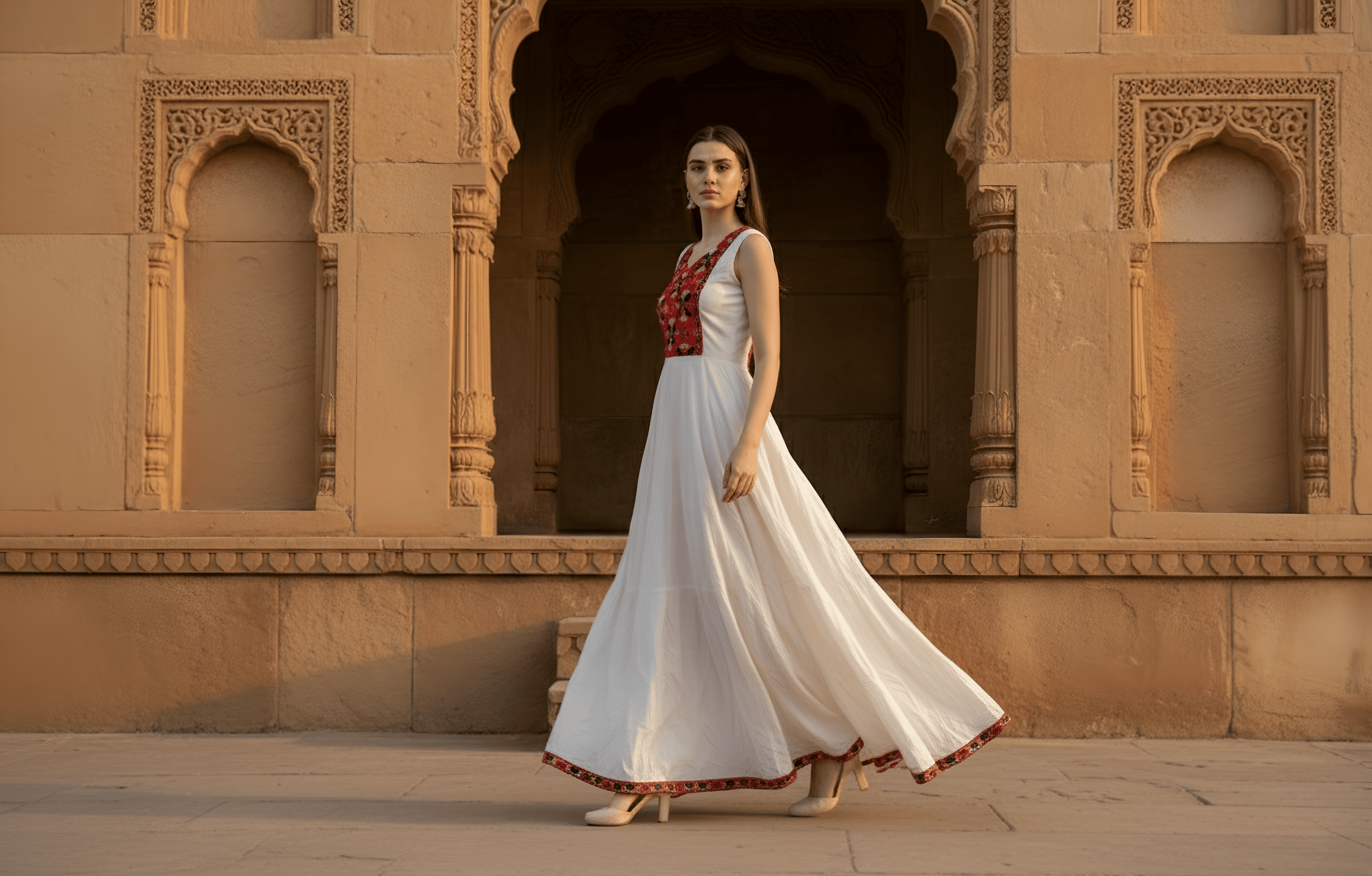 Heritage White & Red Embroidered Anarkali