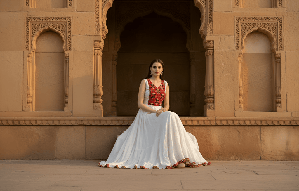 Heritage White & Red Embroidered Anarkali