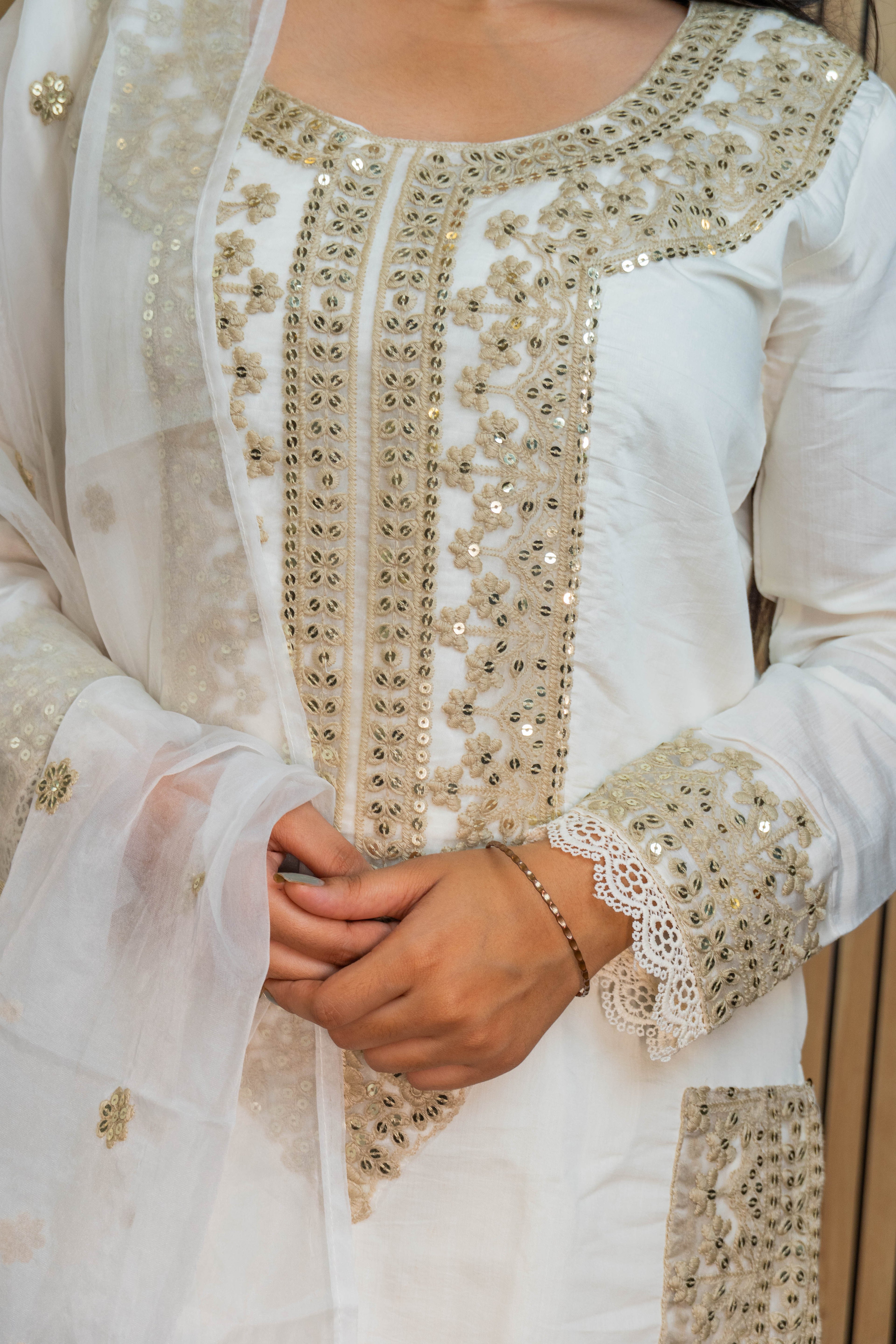 Chanderi Silk Suit Set with Sequin Embroidery & Organza Dupatta