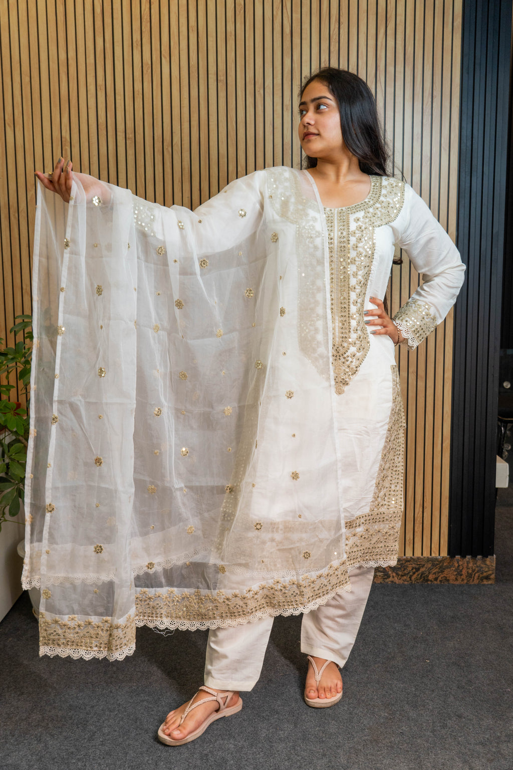 Chanderi Silk Suit Set with Sequin Embroidery & Organza Dupatta