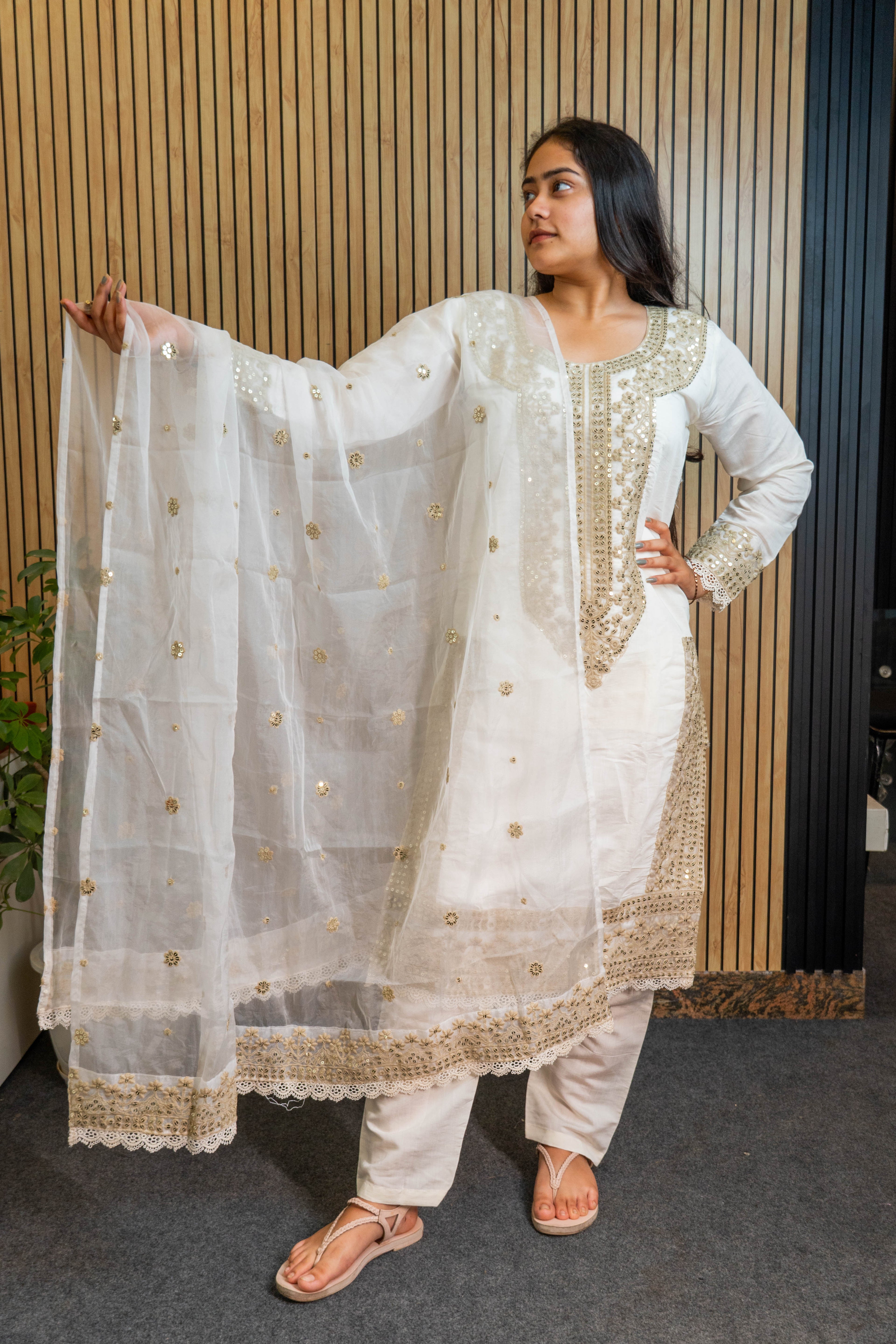 Chanderi Silk Suit Set with Sequin Embroidery & Organza Dupatta