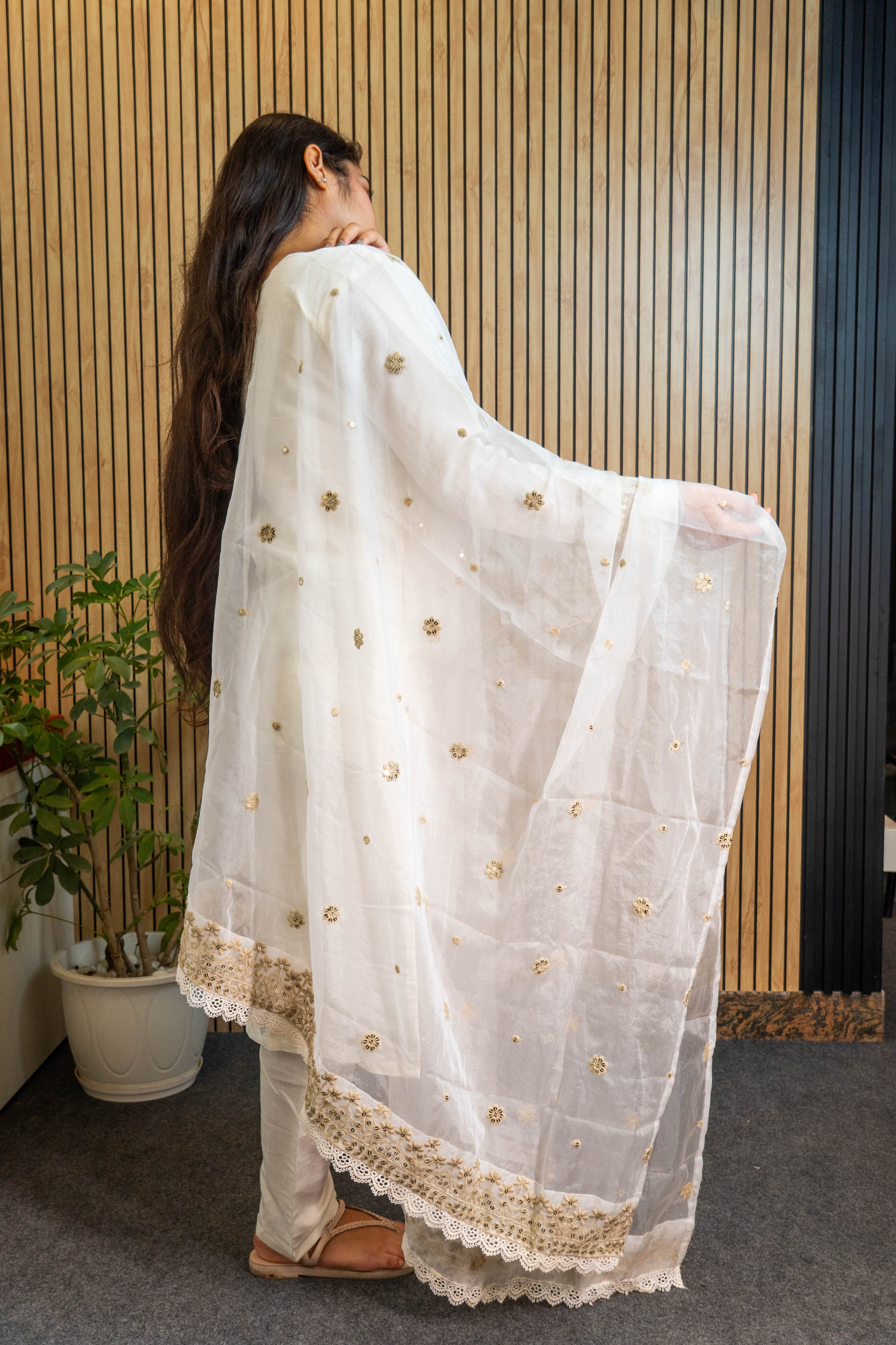 Chanderi Silk Suit Set with Sequin Embroidery & Organza Dupatta