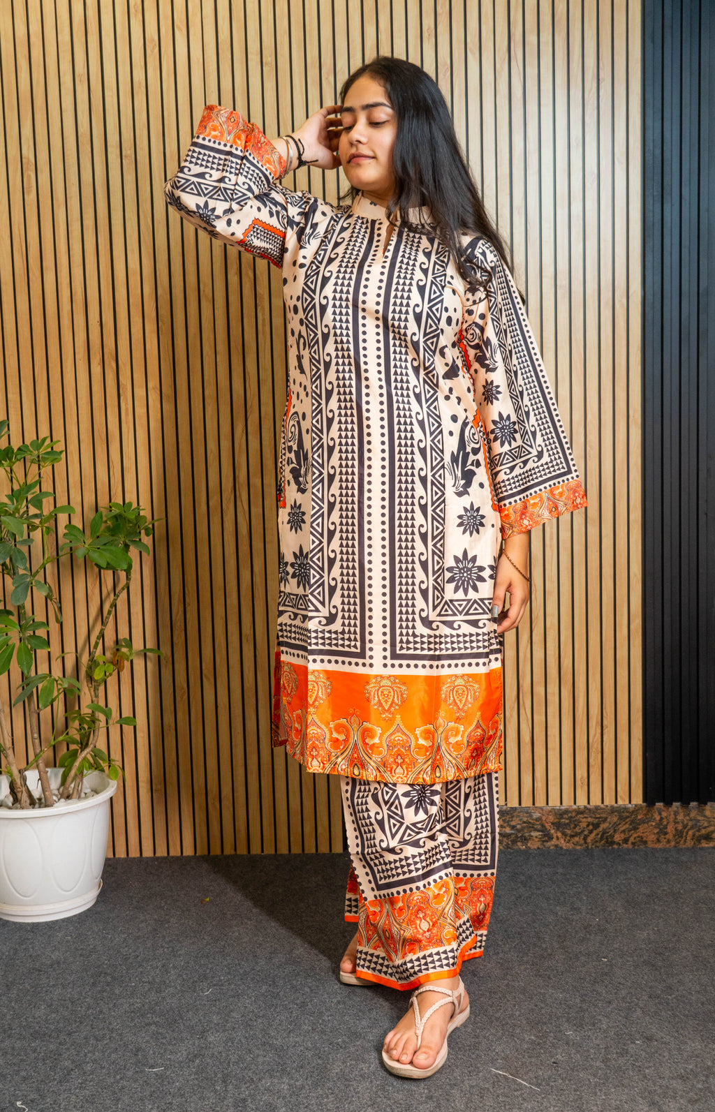 Natural Crepe Digital Print Co-ord Set with Palazzo & Sleeves