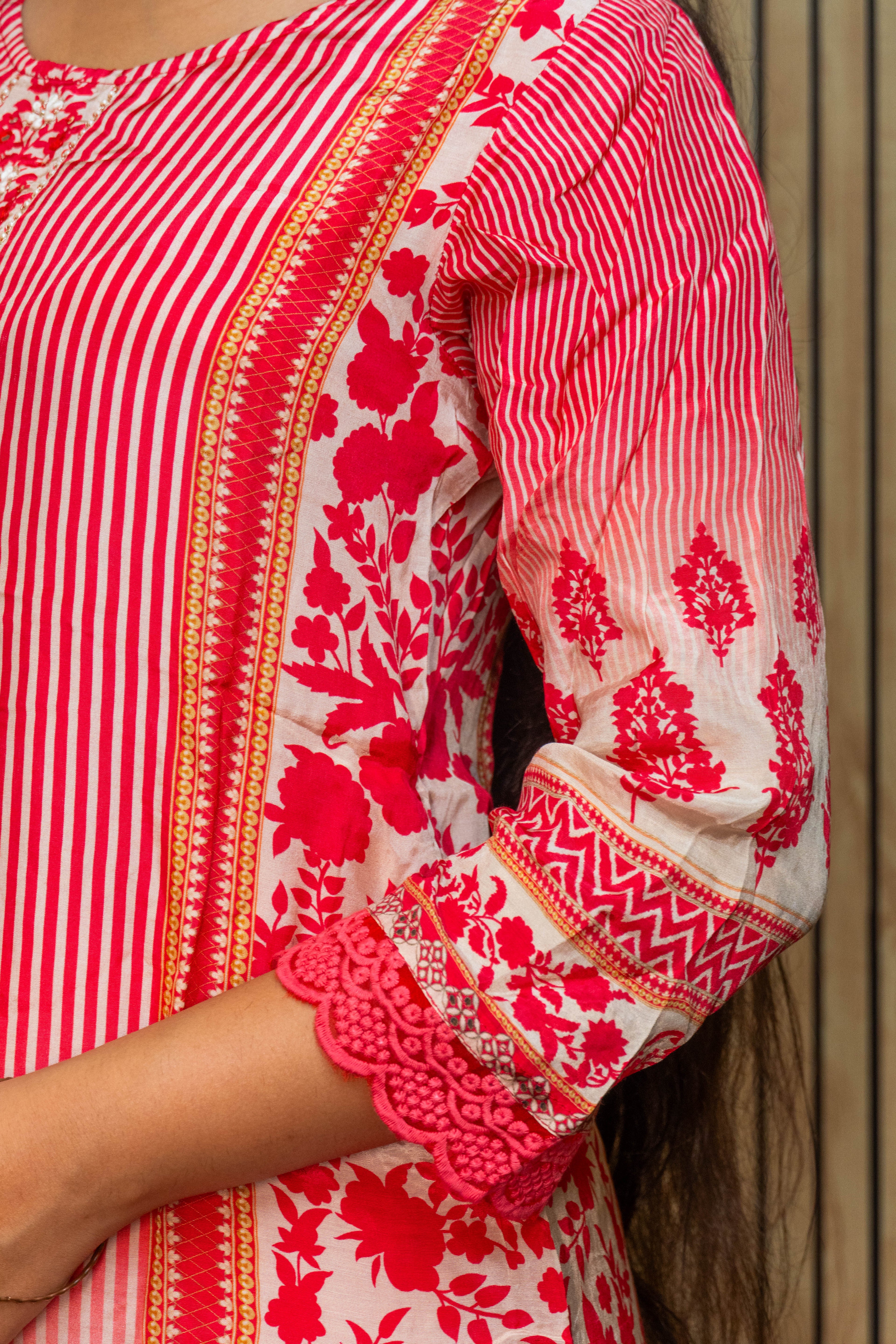 Red Muslin Viscose Kurti Set with Handwork & Printed Detailing