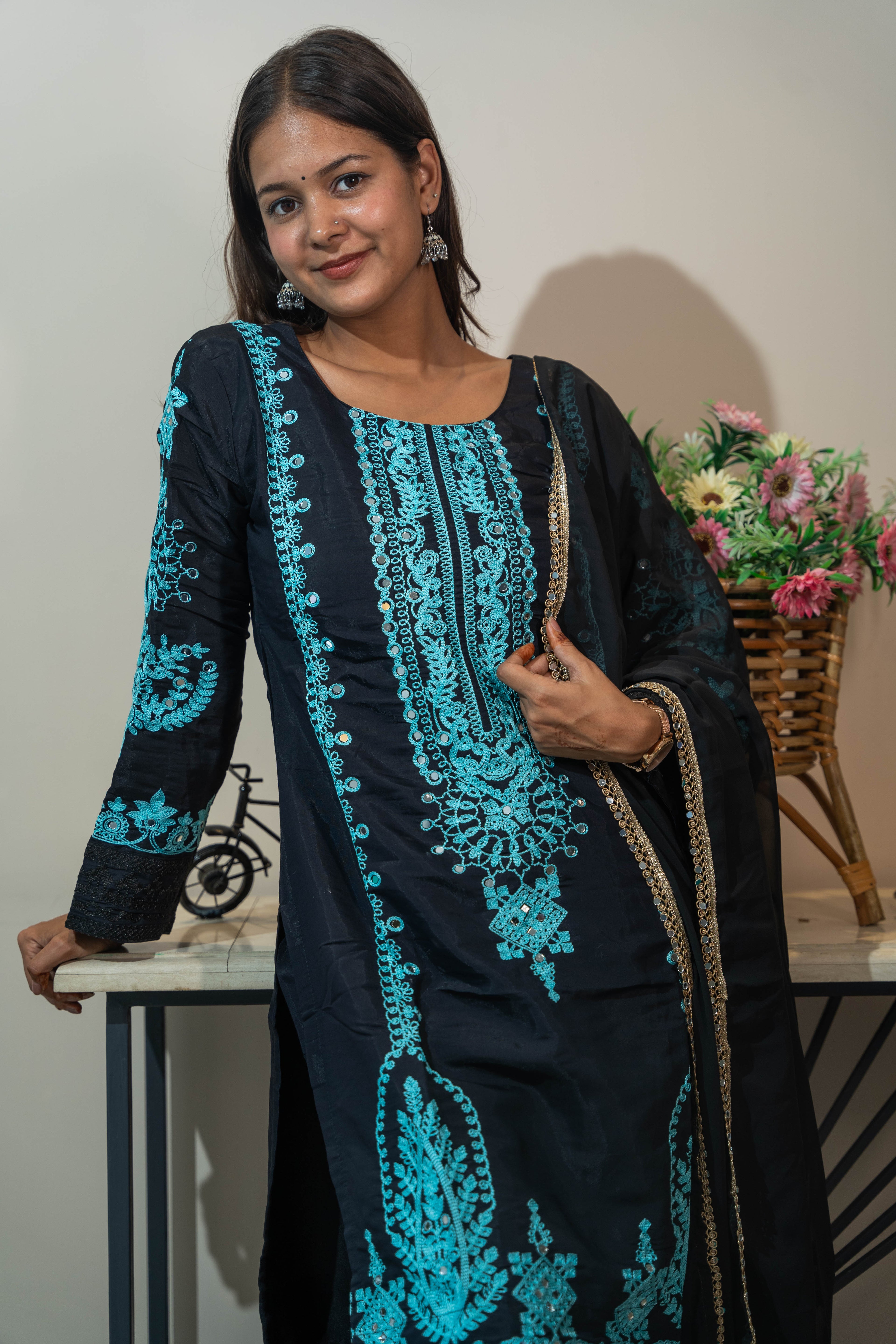 Pure Cotton Embroidered Salwar Suit with Mirror Work & Georgette Dupatta