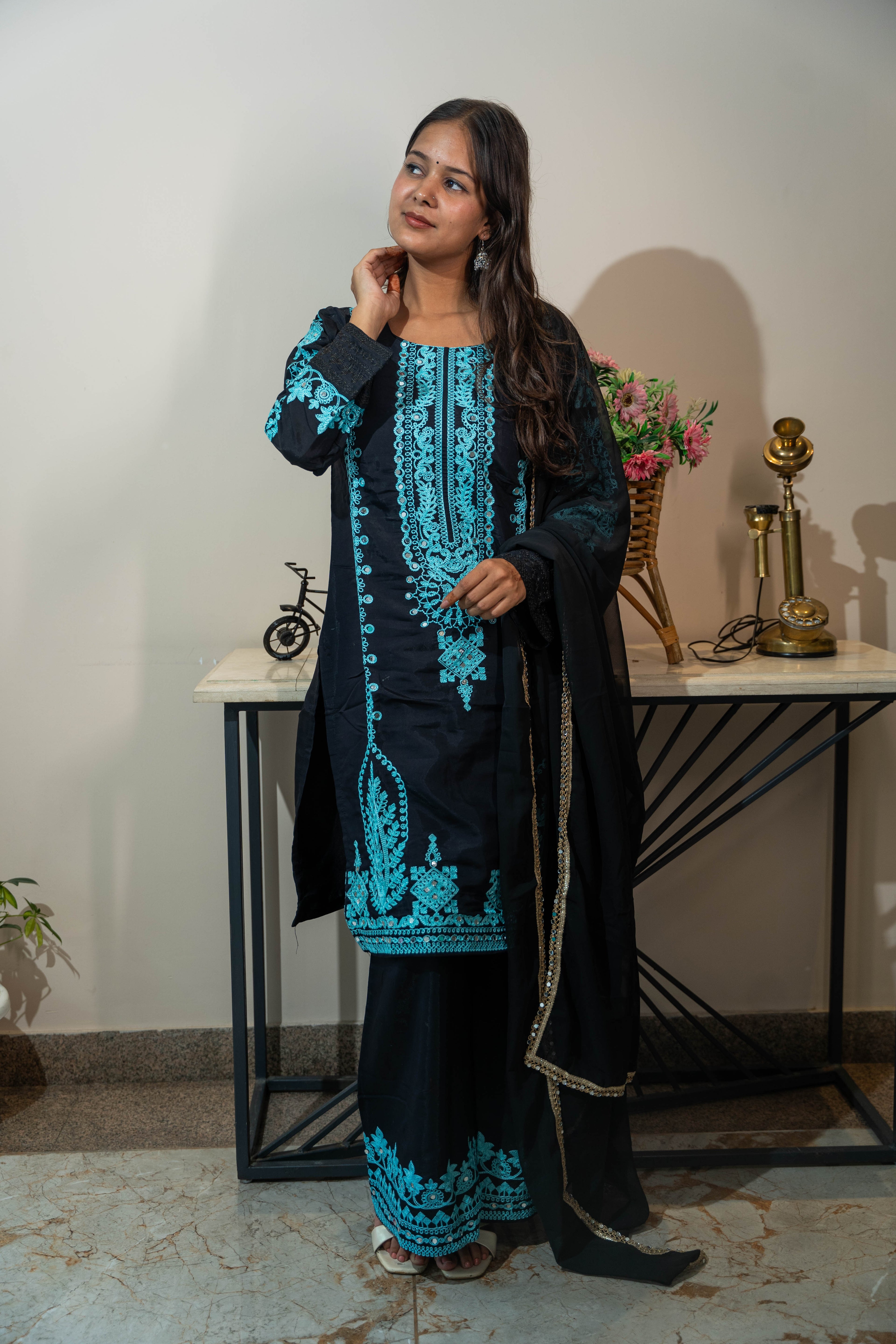 Pure Cotton Embroidered Salwar Suit with Mirror Work & Georgette Dupatta