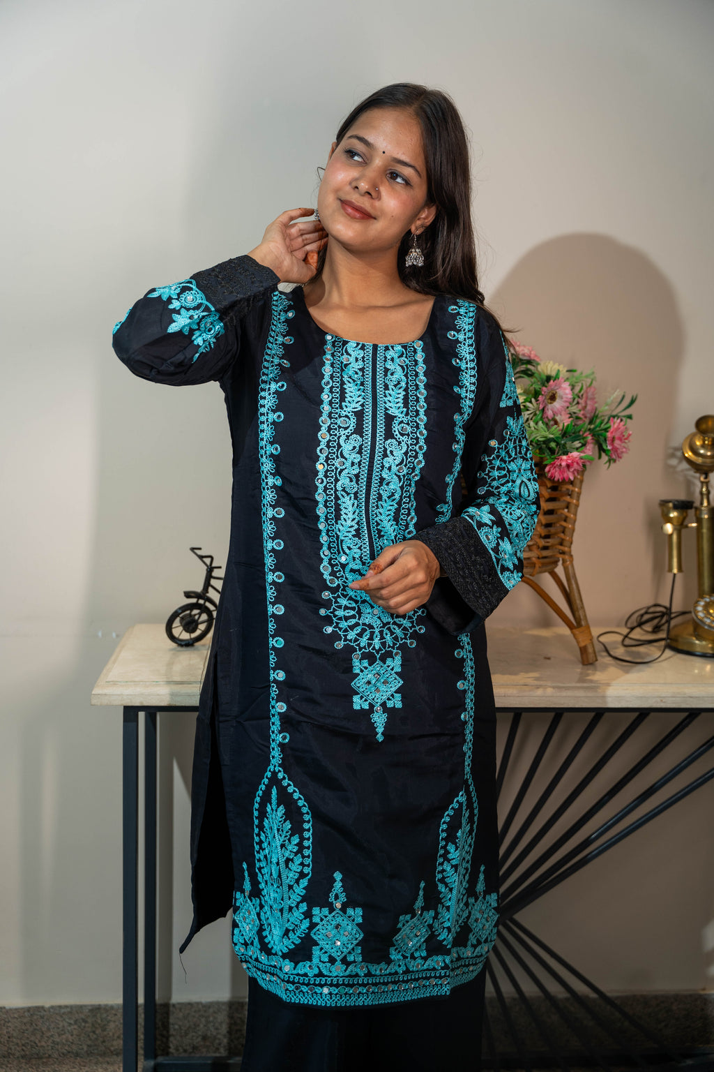 Pure Cotton Embroidered Salwar Suit with Mirror Work & Georgette Dupatta