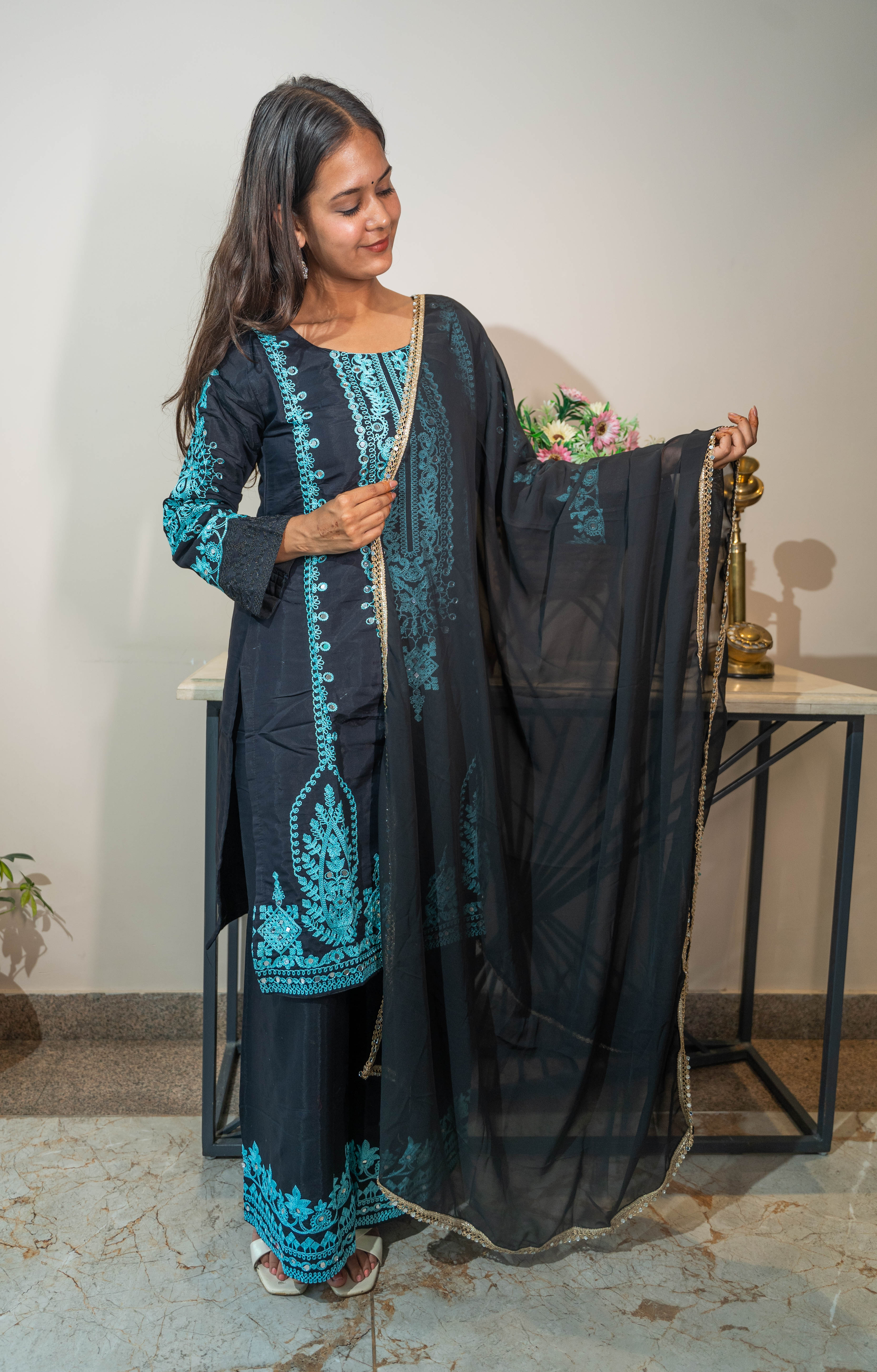 Pure Cotton Embroidered Salwar Suit with Mirror Work & Georgette Dupatta
