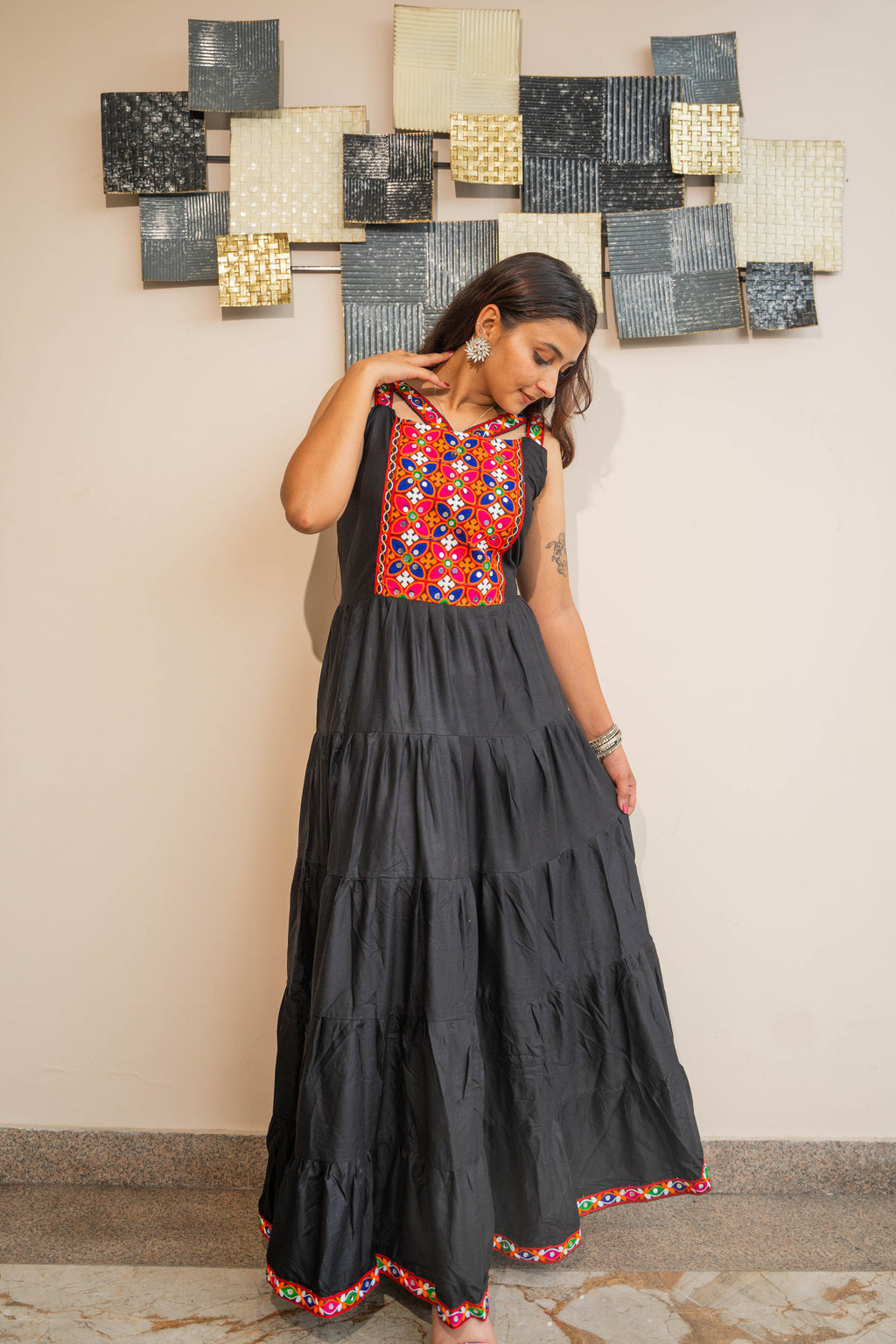 Black Heavy Rayon Long Frill Gown with Gamthi Work & Lace Border