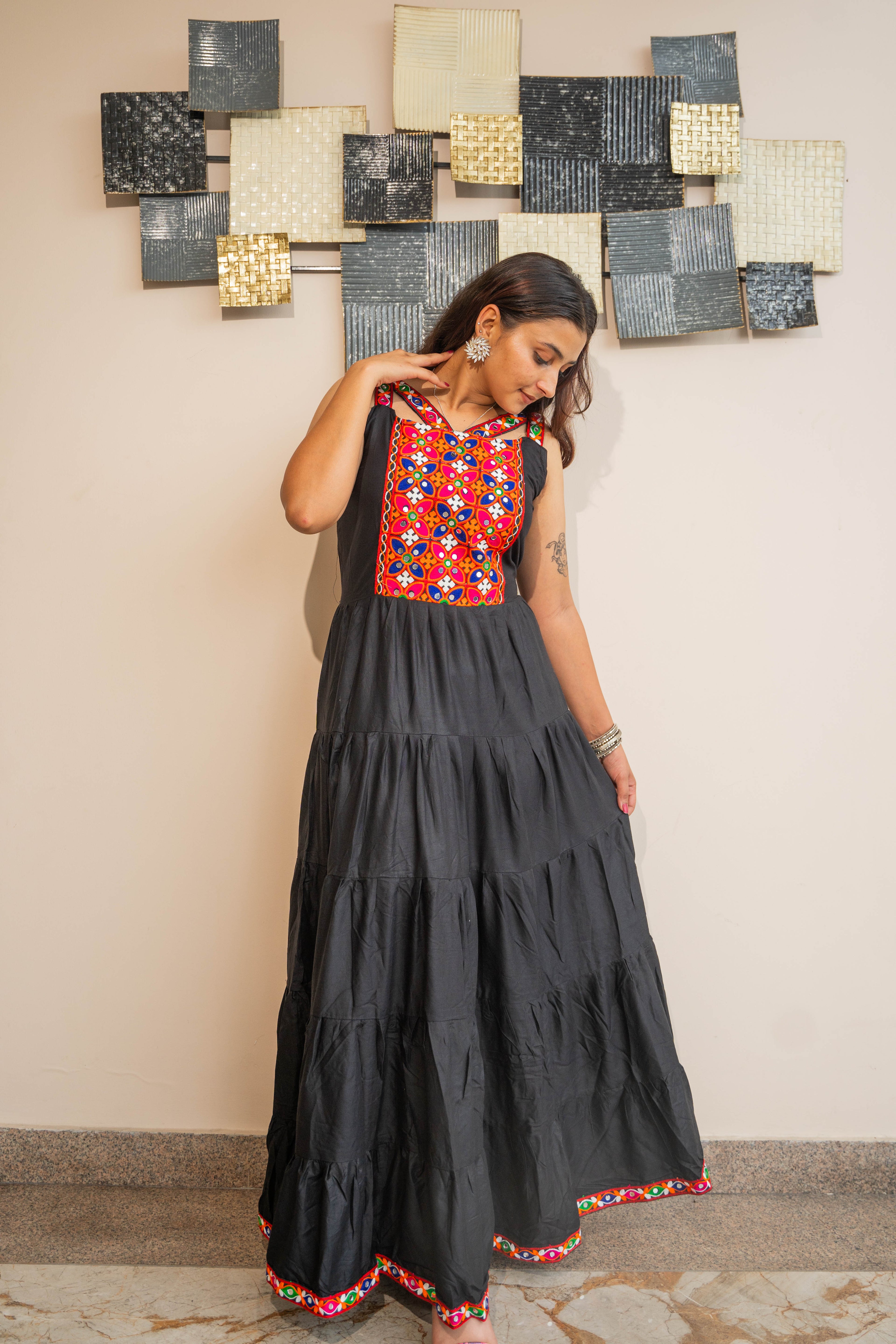 Black Heavy Rayon Long Frill Gown with Gamthi Work & Lace Border