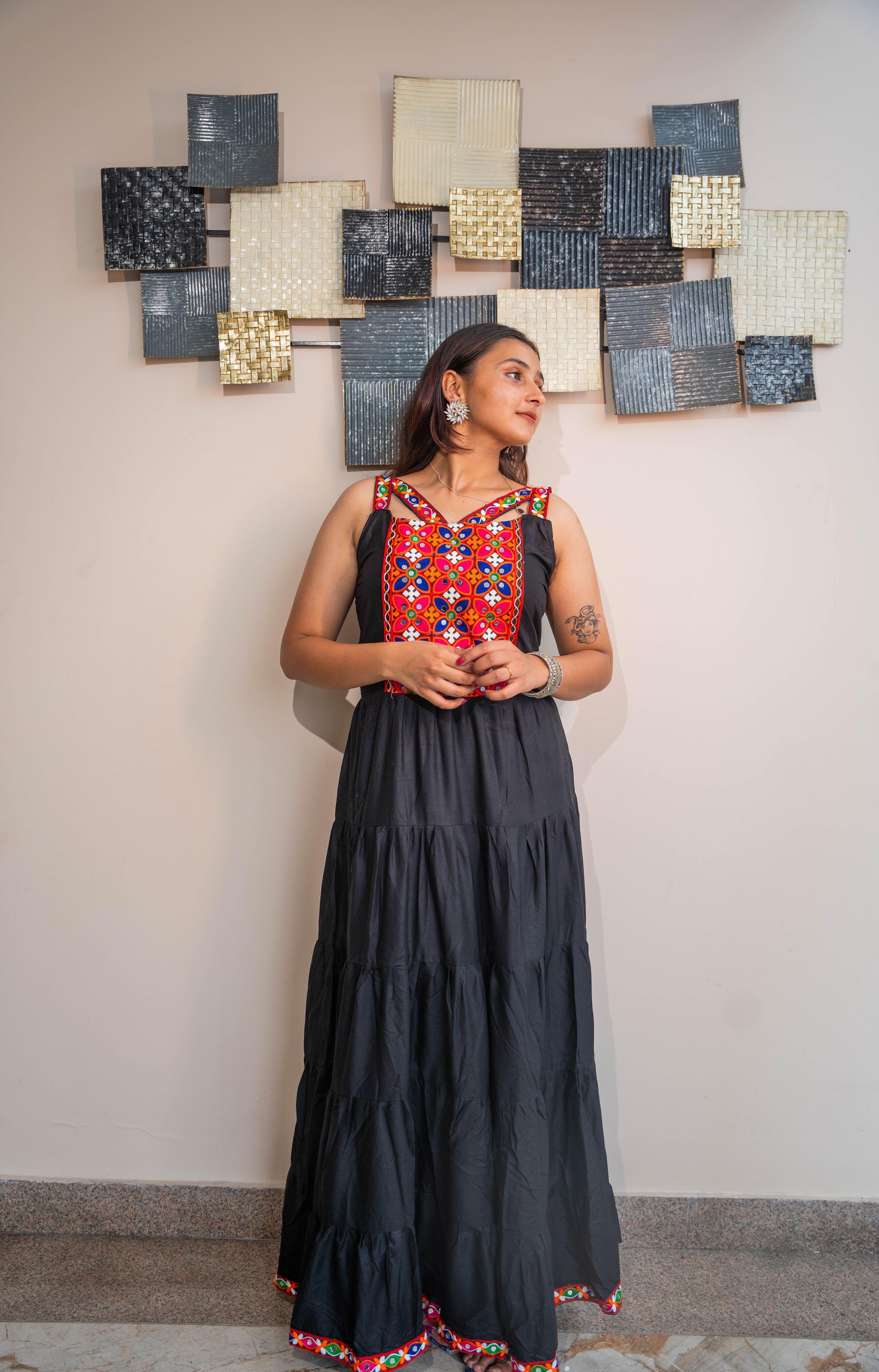 Black Heavy Rayon Long Frill Gown with Gamthi Work & Lace Border