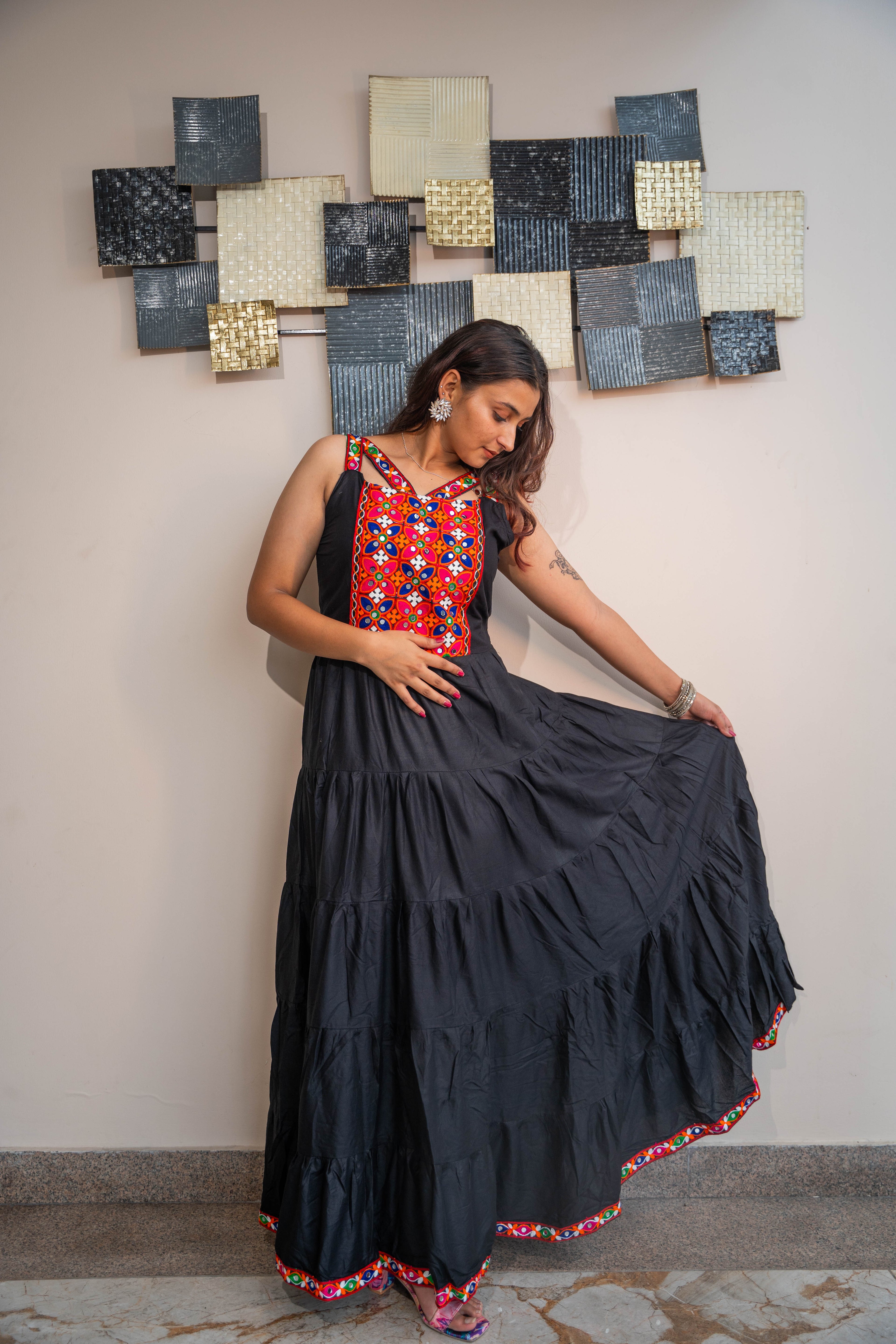 Black Heavy Rayon Long Frill Gown with Gamthi Work & Lace Border