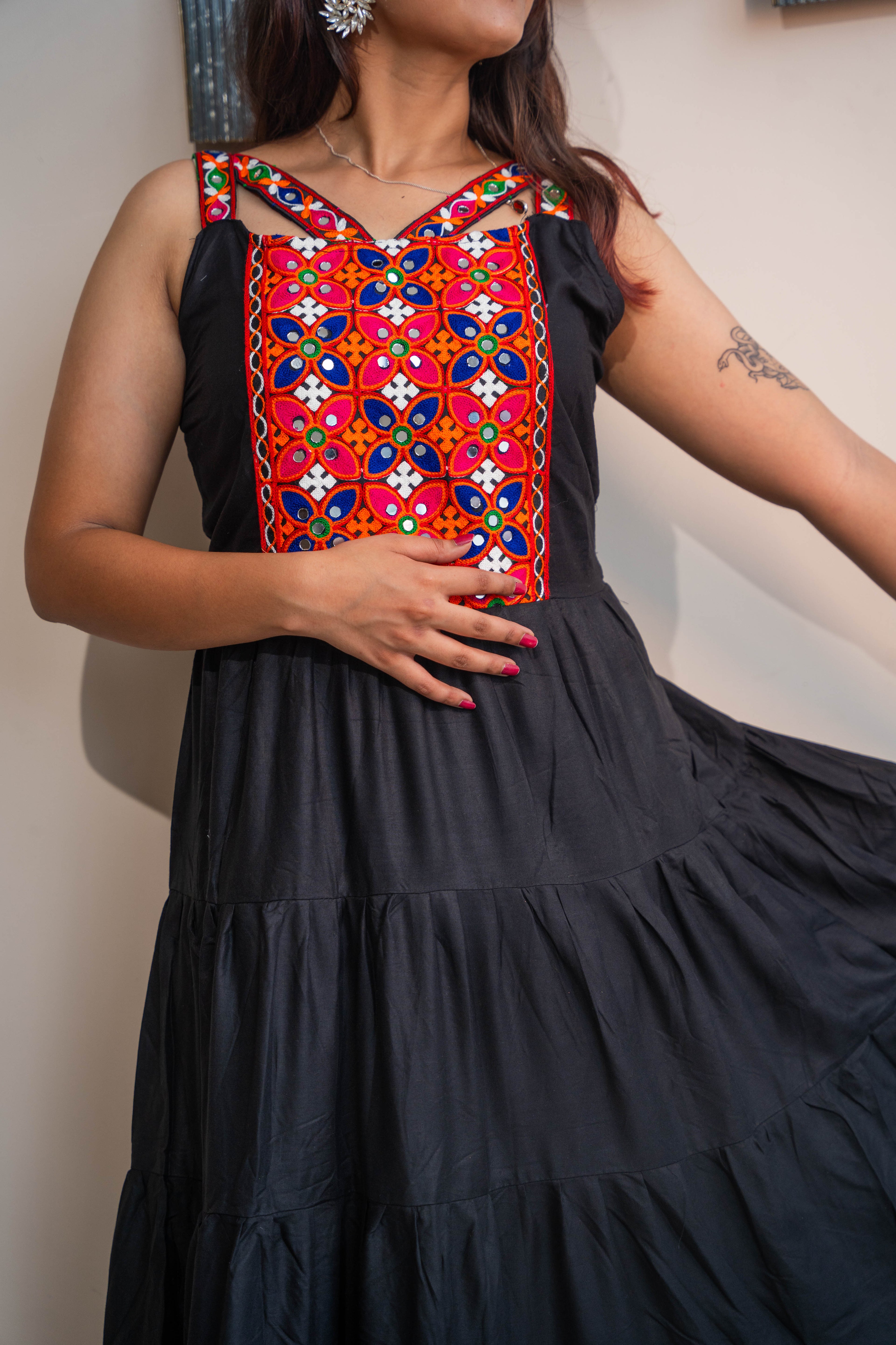 Black Heavy Rayon Long Frill Gown with Gamthi Work & Lace Border