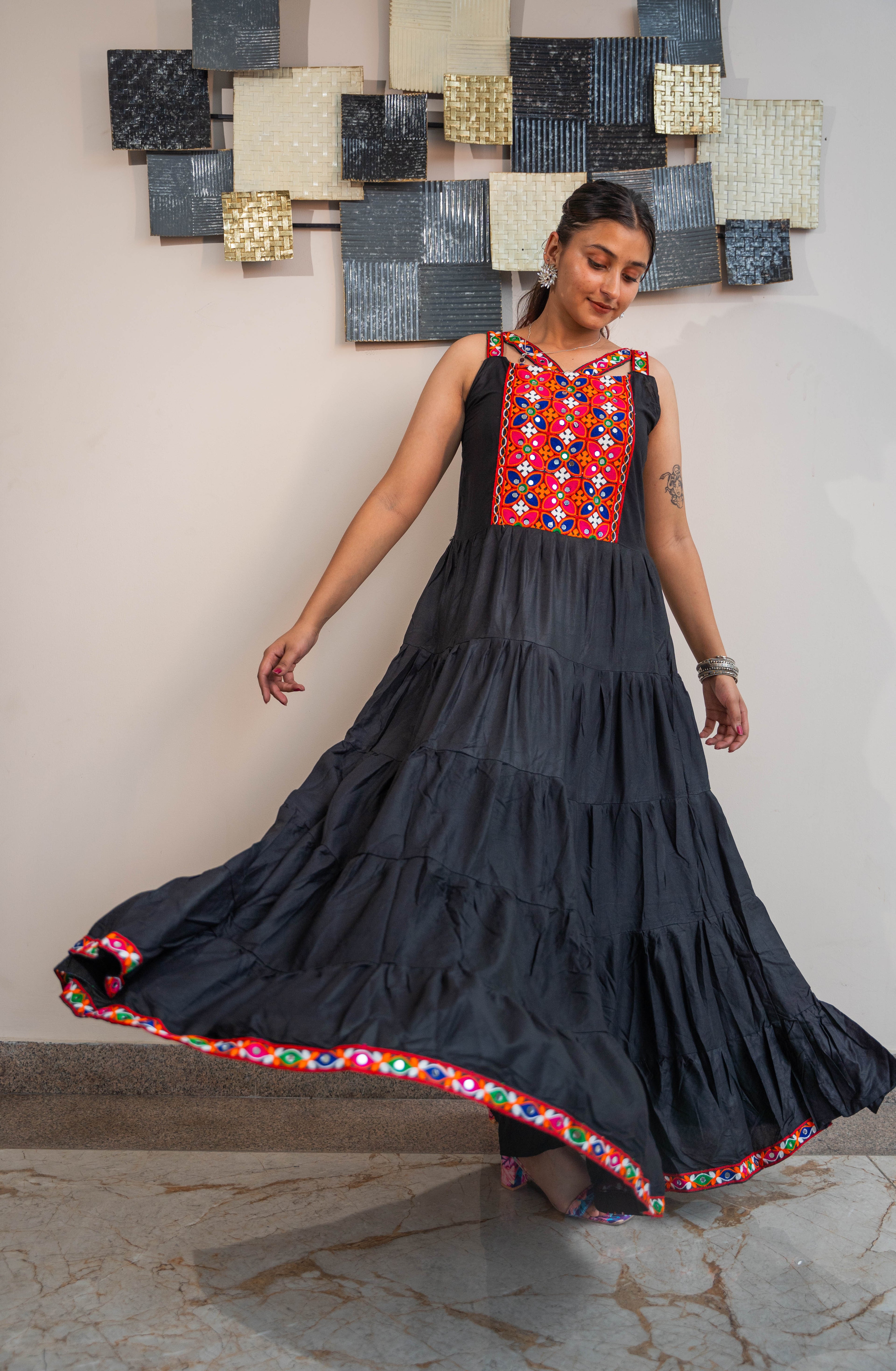 Black Heavy Rayon Long Frill Gown with Gamthi Work & Lace Border