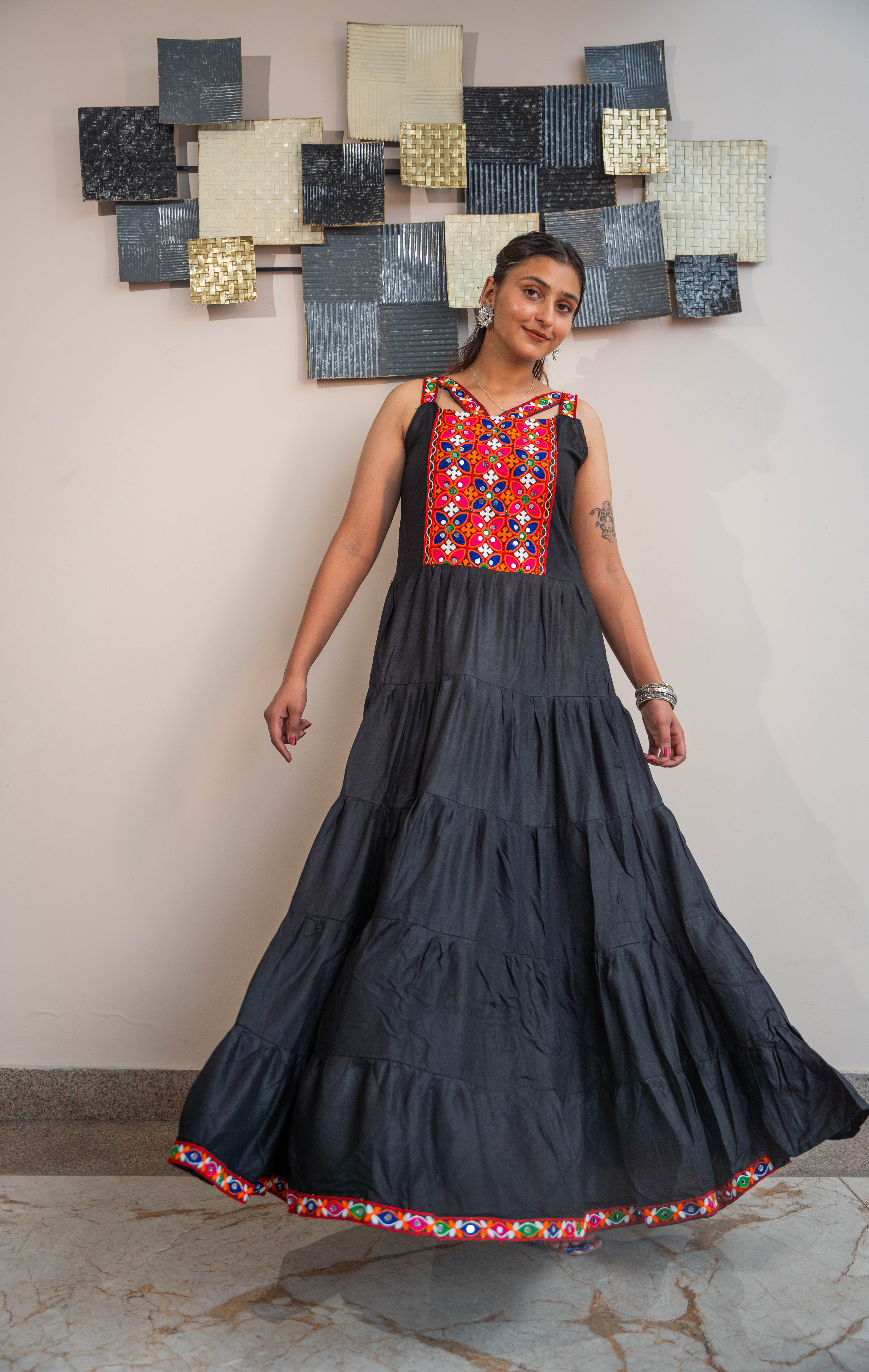 Black Heavy Rayon Long Frill Gown with Gamthi Work & Lace Border