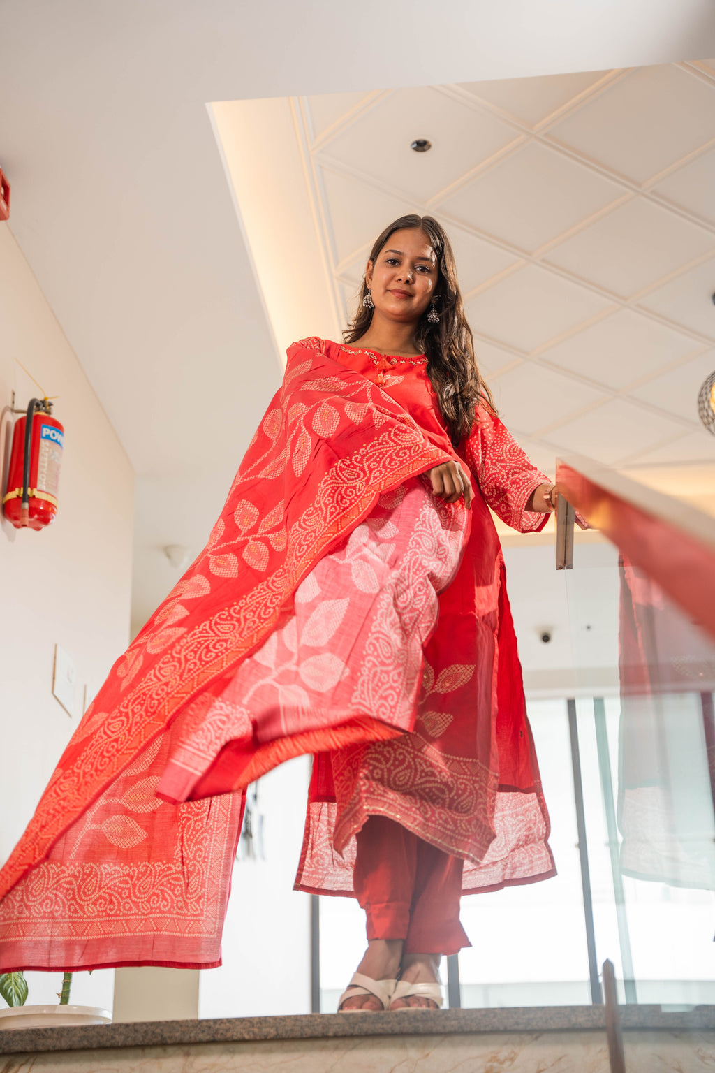 Red Pure Muslin Silk Kurti Pant Dupatta Set with Handwork & Prints