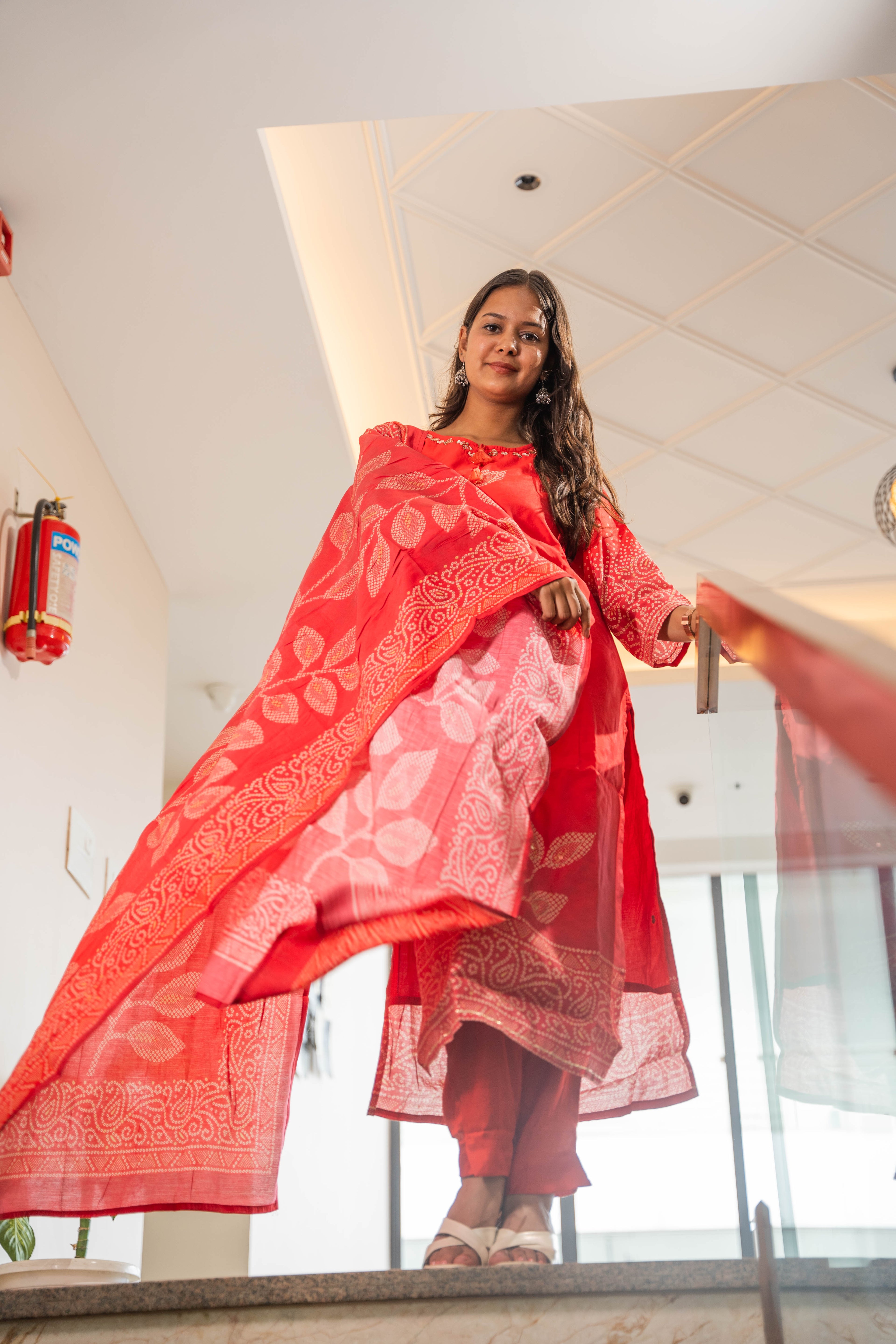 Red Pure Muslin Silk Kurti Pant Dupatta Set with Handwork & Prints