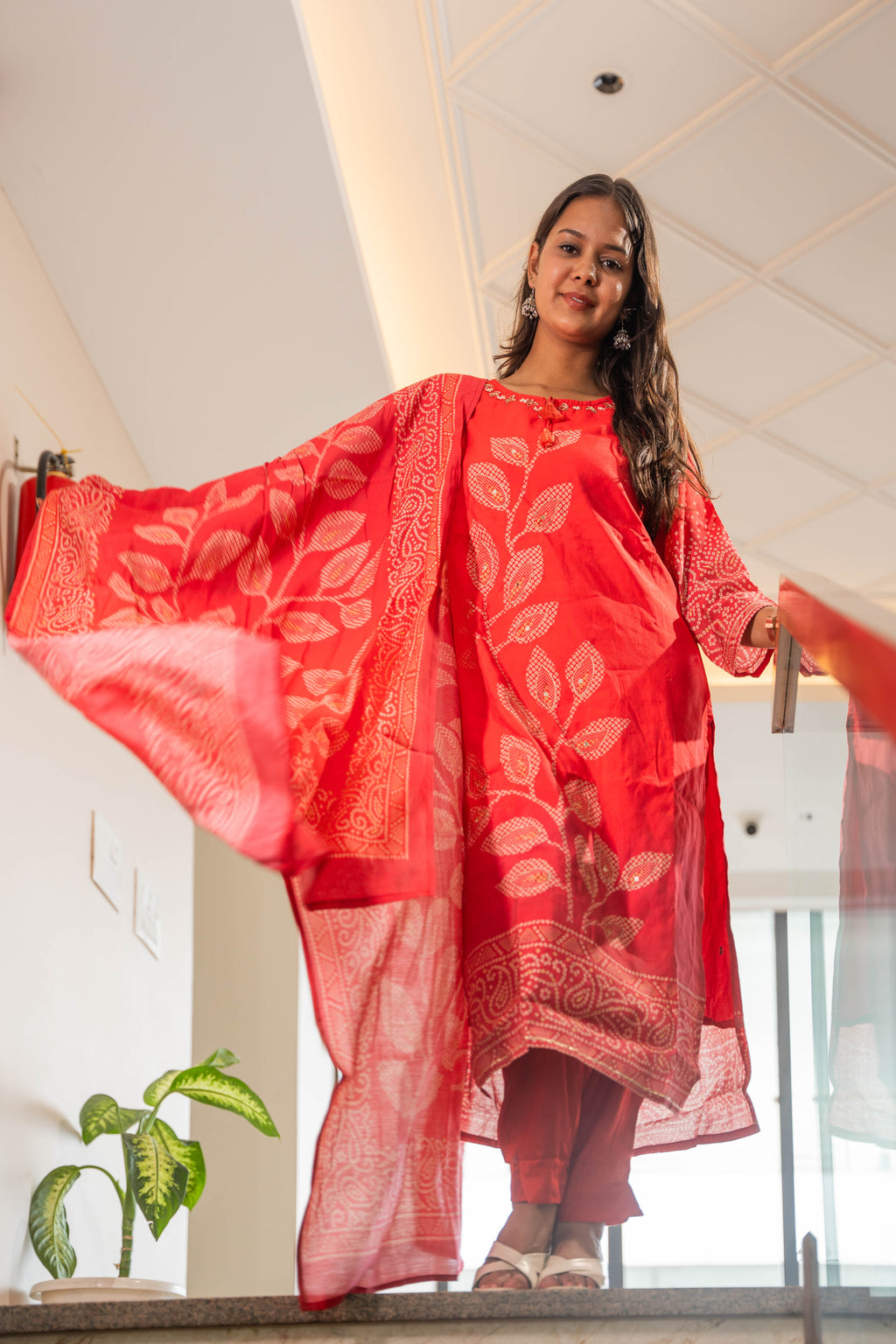 Red Pure Muslin Silk Kurti Pant Dupatta Set with Handwork & Prints