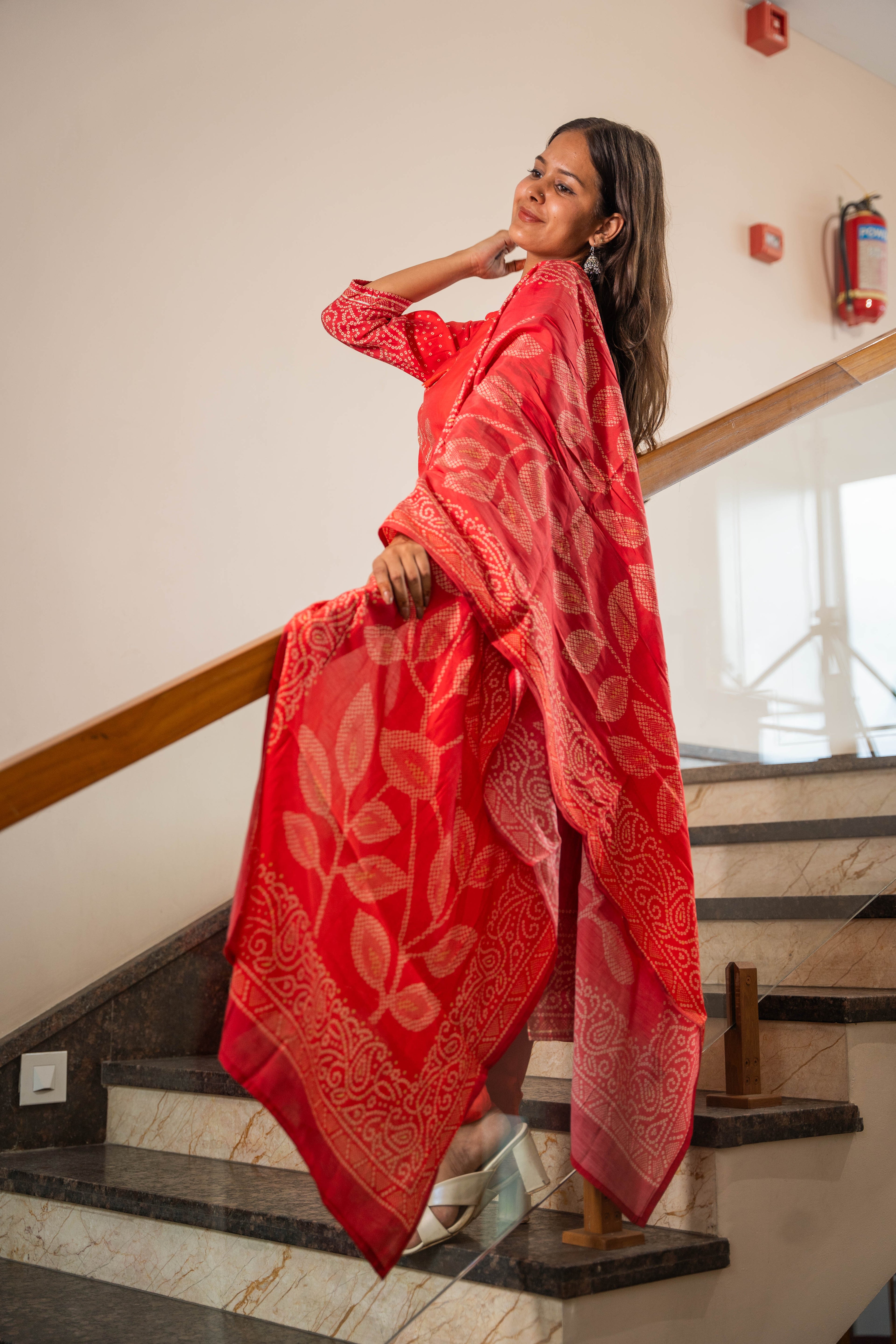 Red Pure Muslin Silk Kurti Pant Dupatta Set with Handwork & Prints