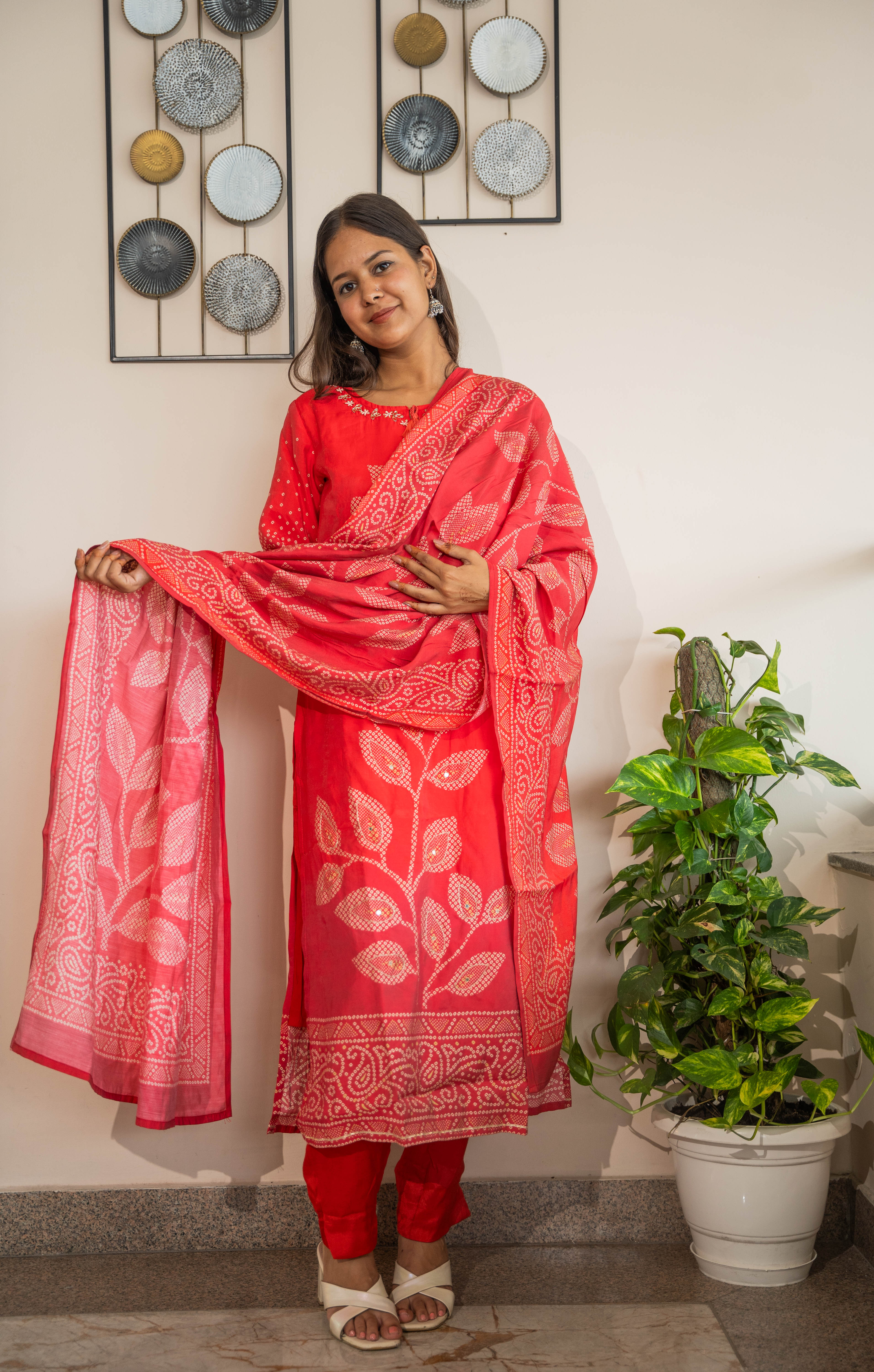 Red Pure Muslin Silk Kurti Pant Dupatta Set with Handwork & Prints