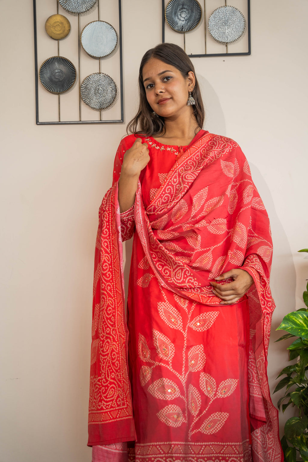 Red Pure Muslin Silk Kurti Pant Dupatta Set with Handwork & Prints