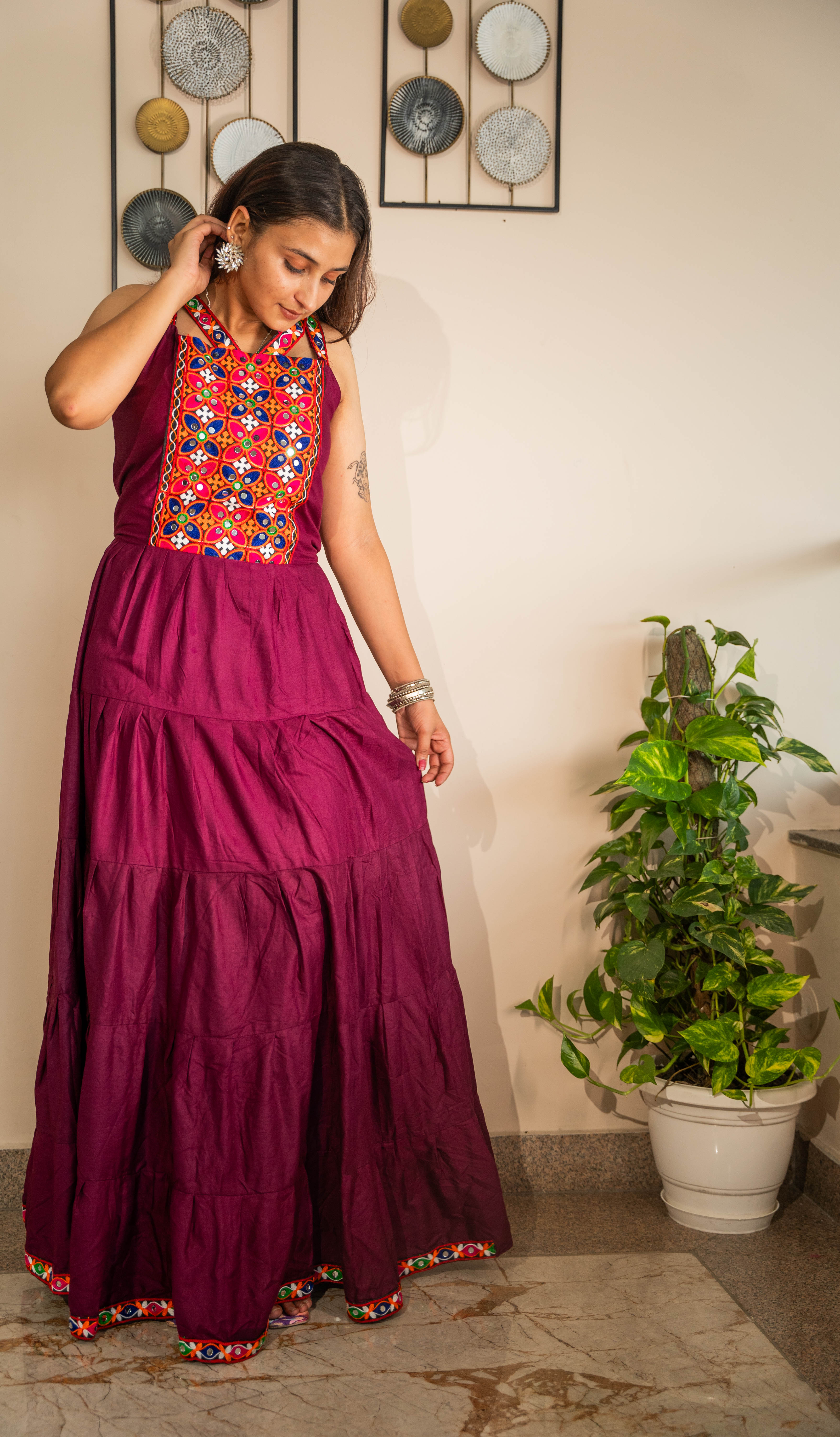 Dark Pink Heavy Rayon Long Frill Gown with Gamthi Work & Lace Border