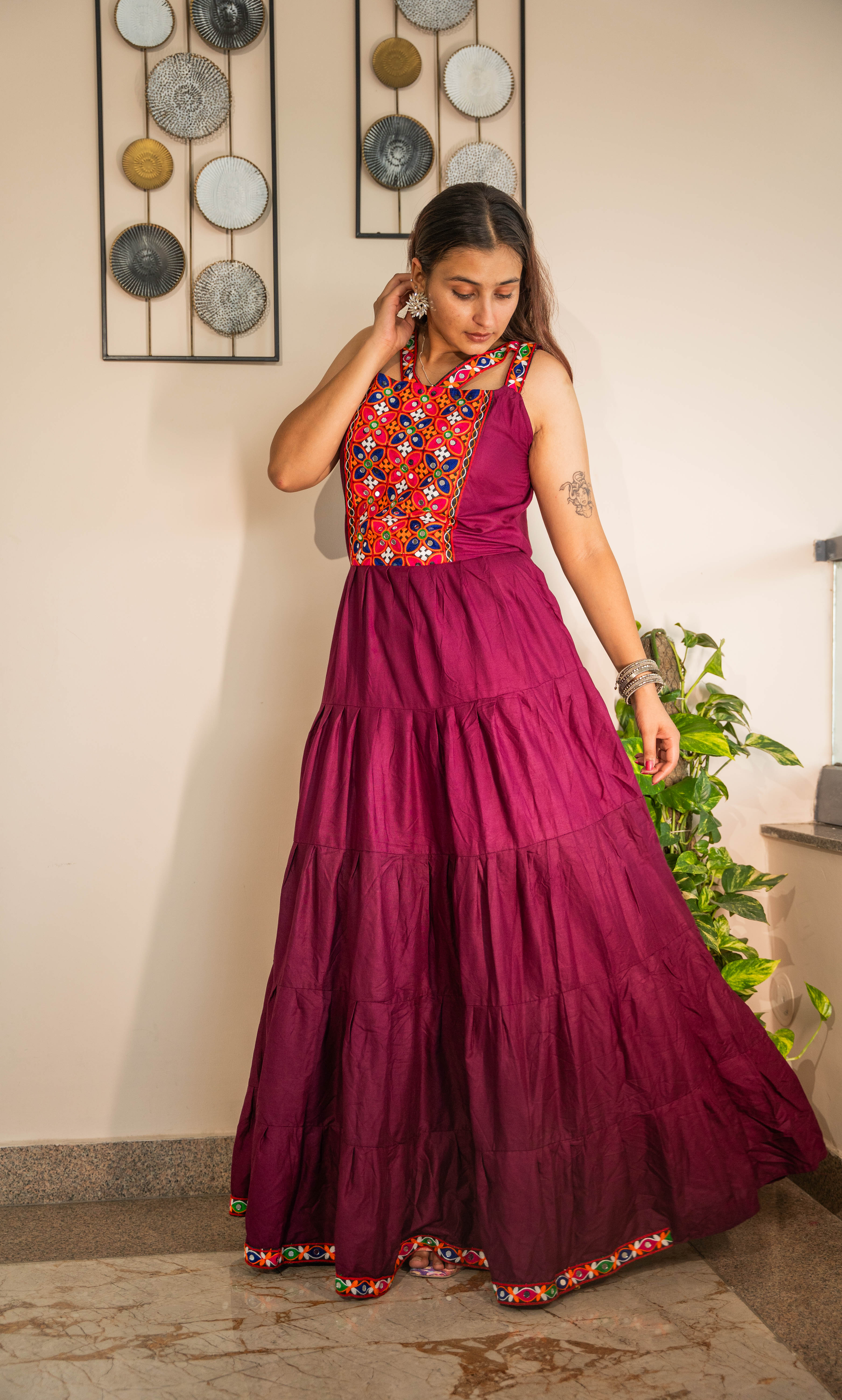 Dark Pink Heavy Rayon Long Frill Gown with Gamthi Work & Lace Border