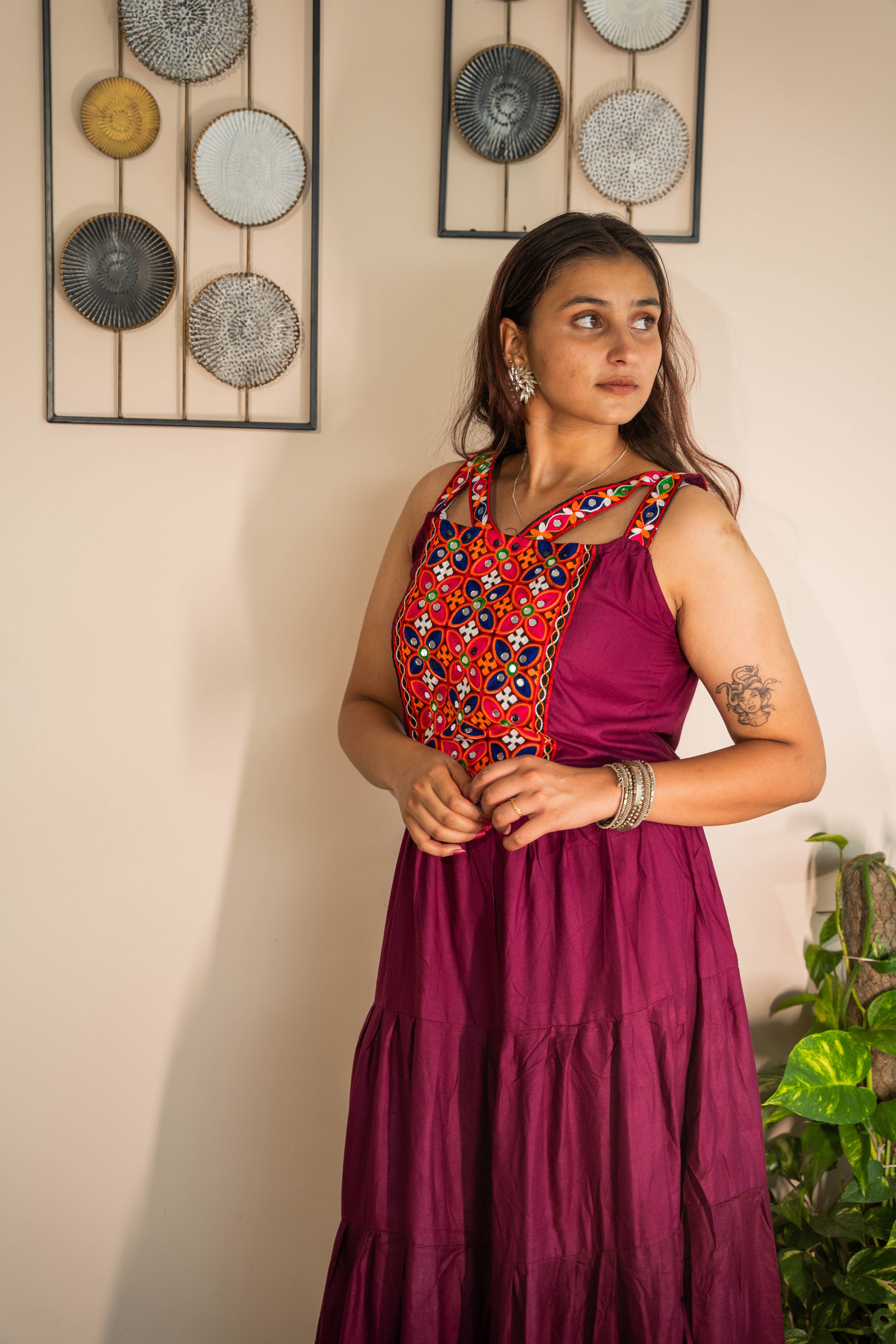 Dark Pink Heavy Rayon Long Frill Gown with Gamthi Work & Lace Border