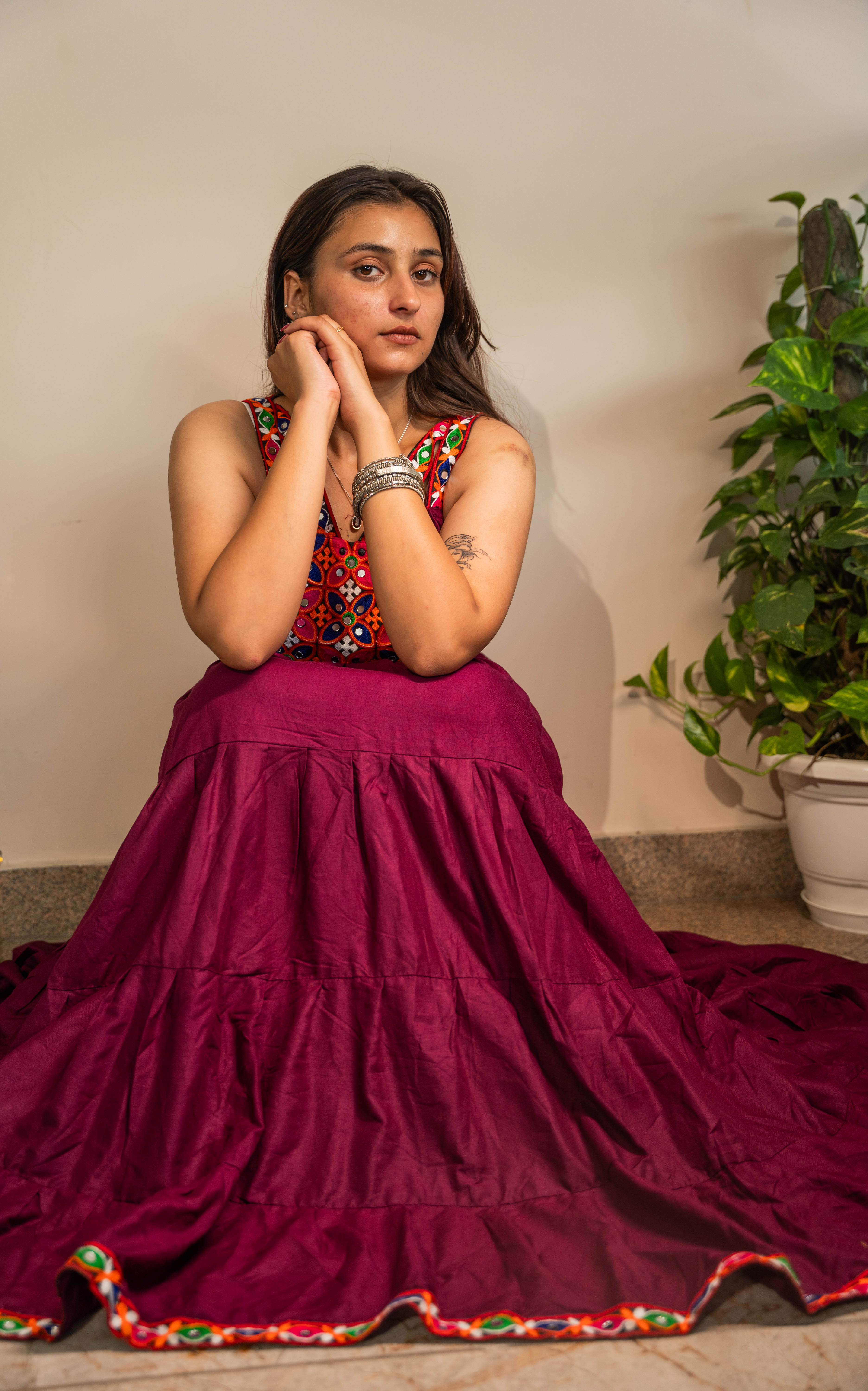 Dark Pink Heavy Rayon Long Frill Gown with Gamthi Work & Lace Border