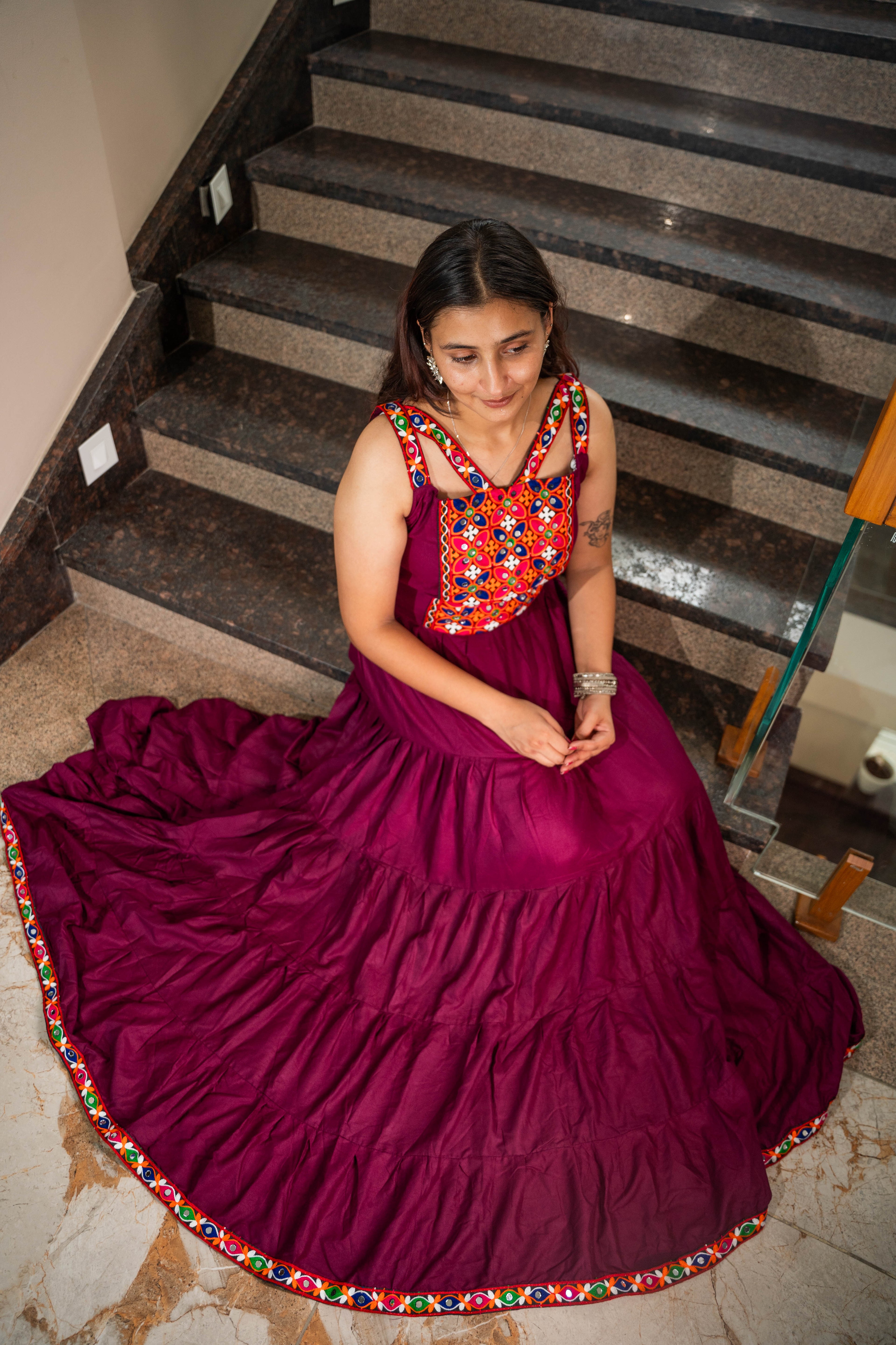Dark Pink Heavy Rayon Long Frill Gown with Gamthi Work & Lace Border