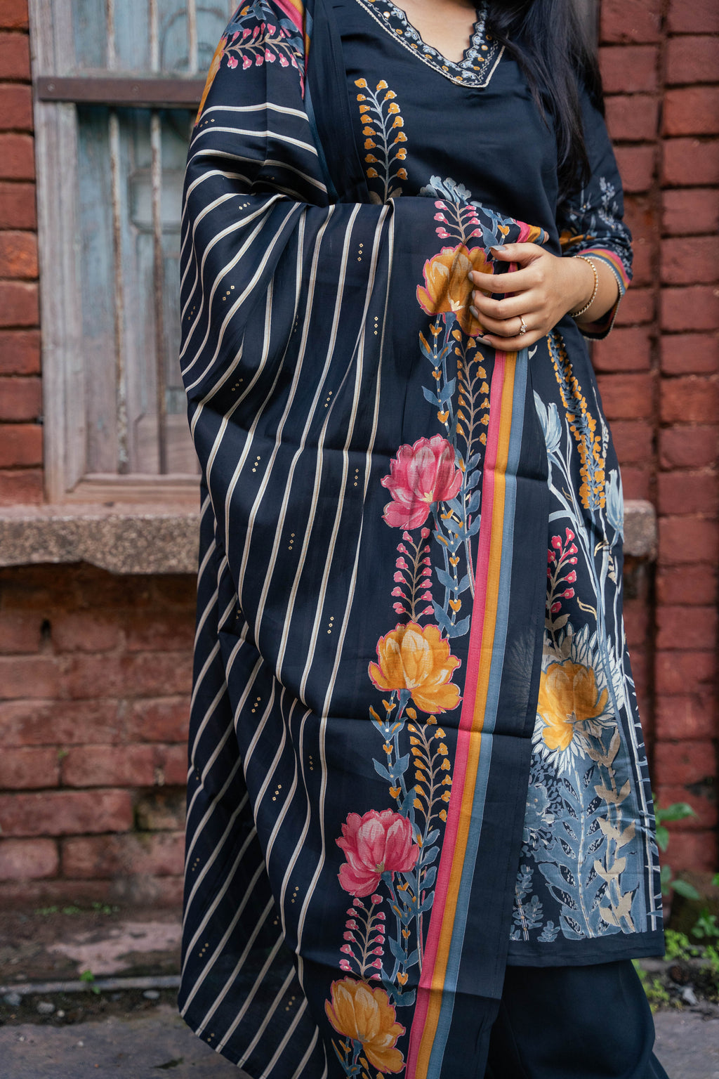 Black Pure Muslin Silk Kurti Pant Dupatta Set with Handwork & Prints