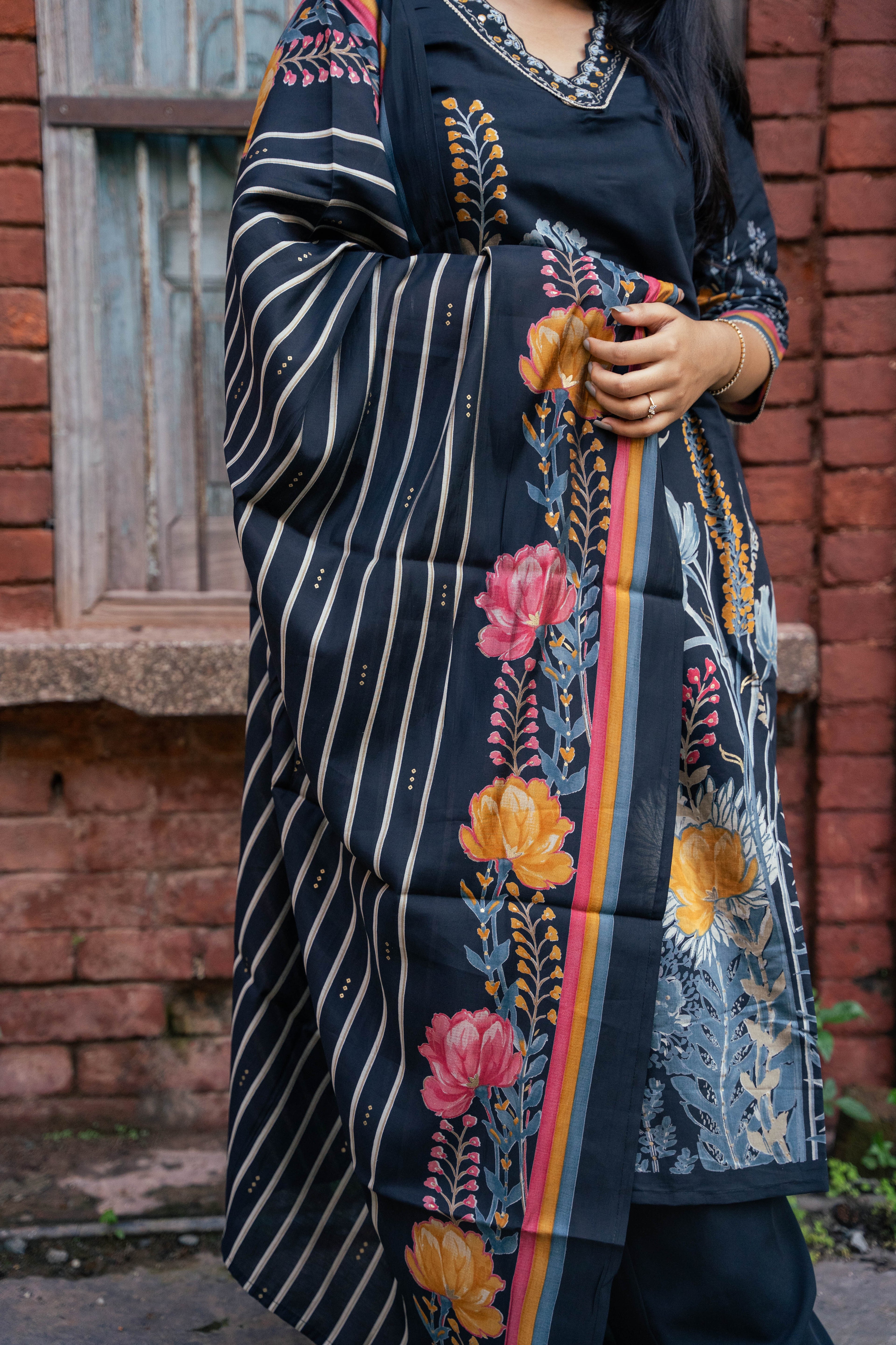 Black Pure Muslin Silk Kurti Pant Dupatta Set with Handwork & Prints