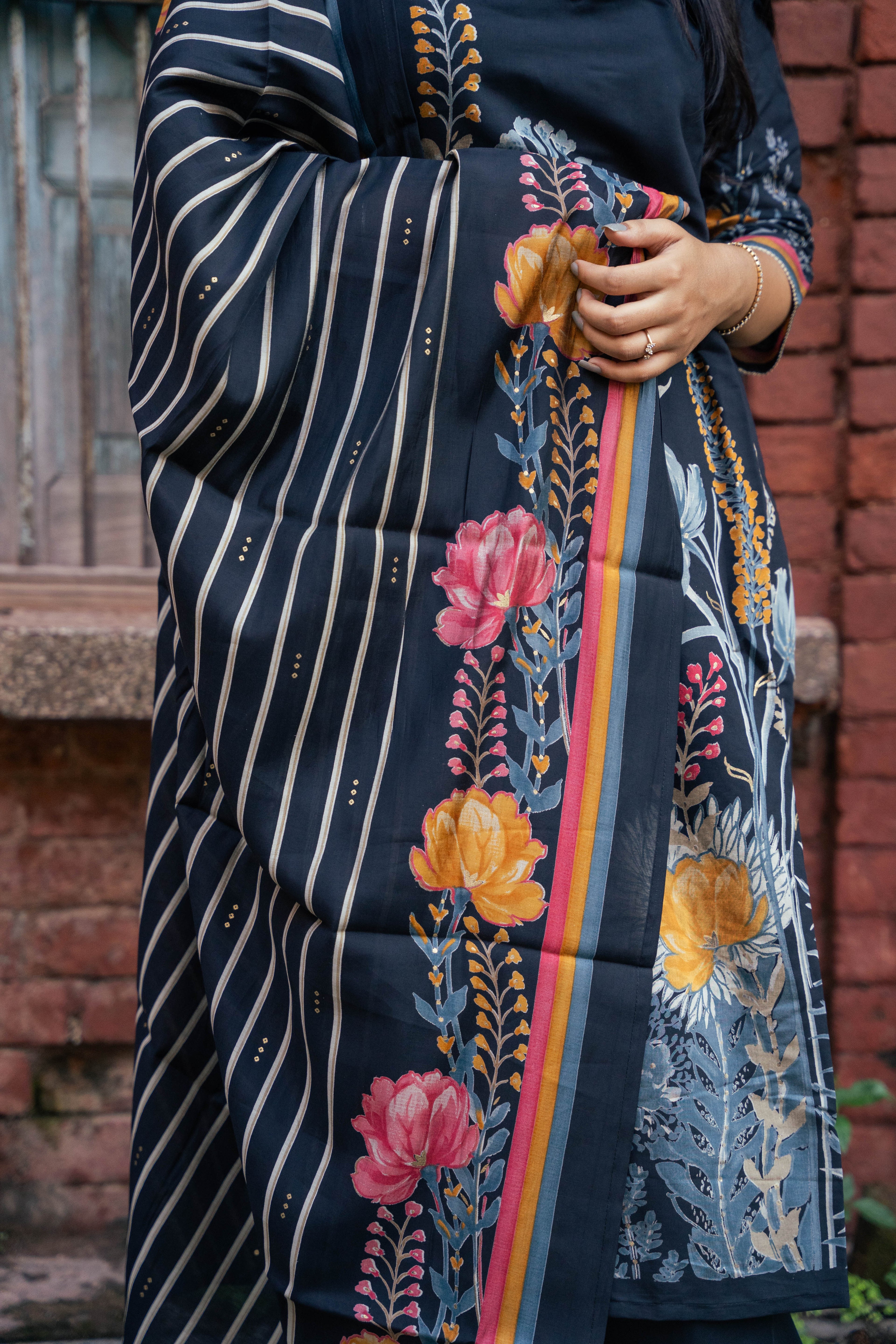 Black Pure Muslin Silk Kurti Pant Dupatta Set with Handwork & Prints