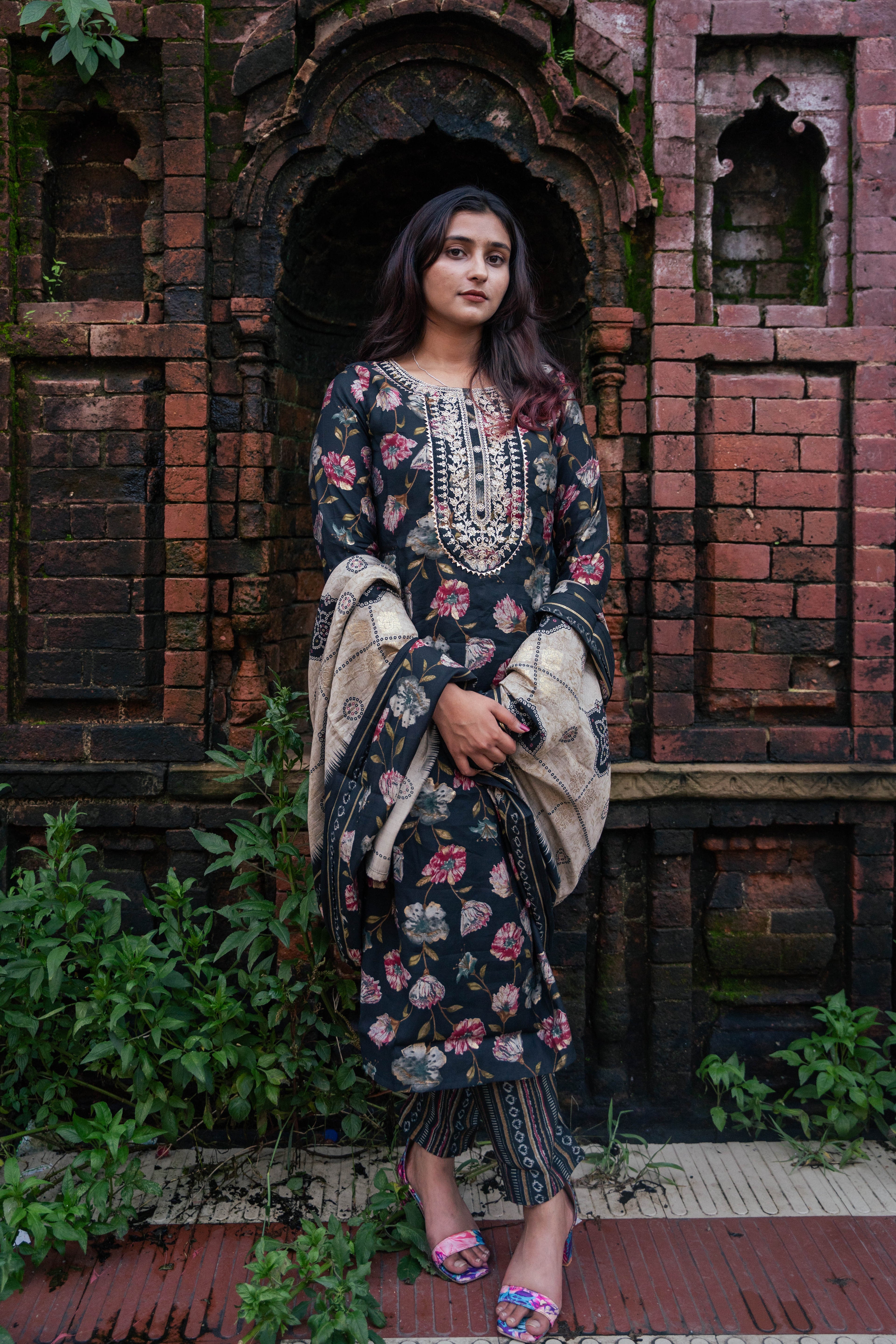 Rangrasa Black Modal Muslin Kurti Set with Handwork & Prints