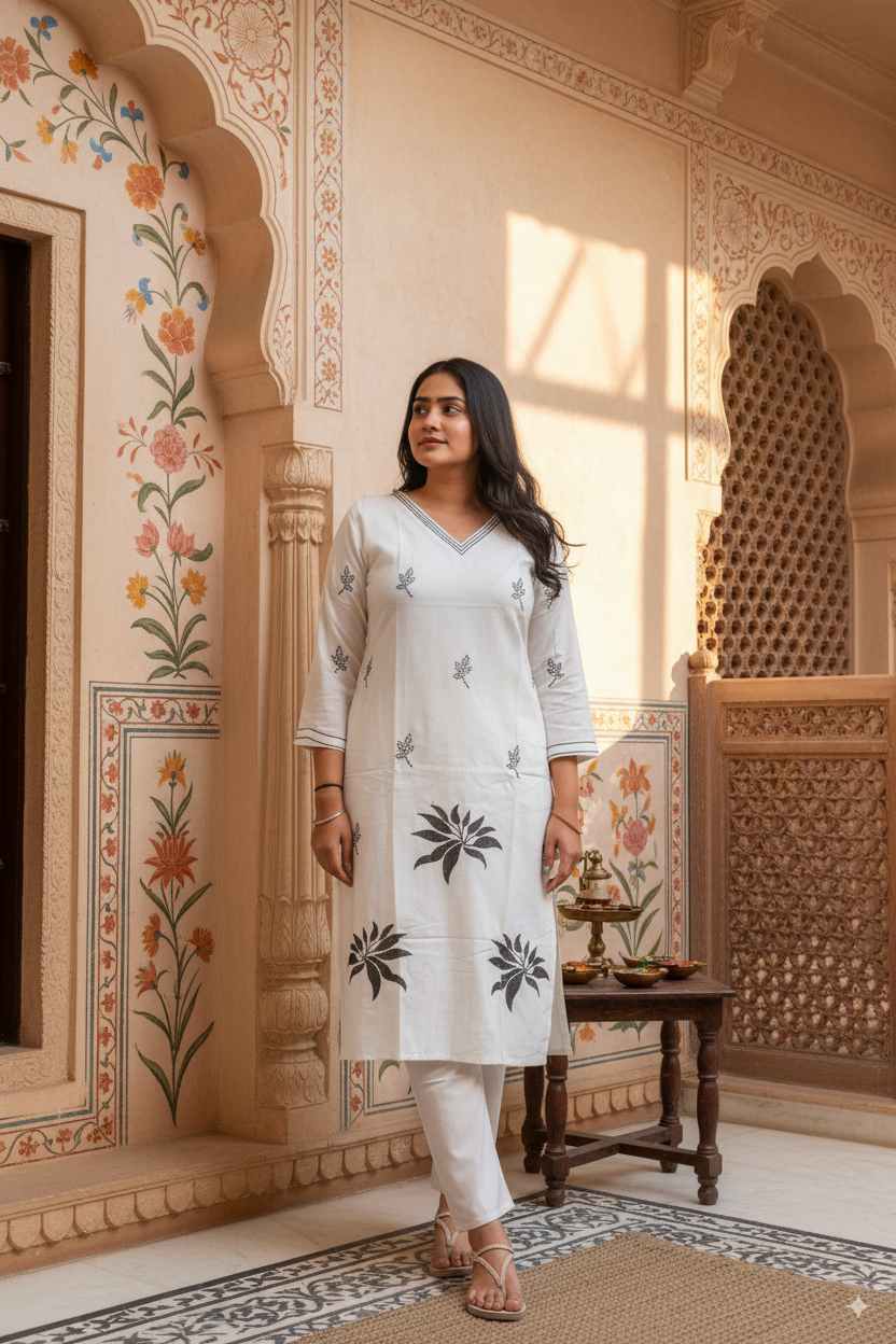 Pure Cotton Embroidered Kurti Set with Bottom