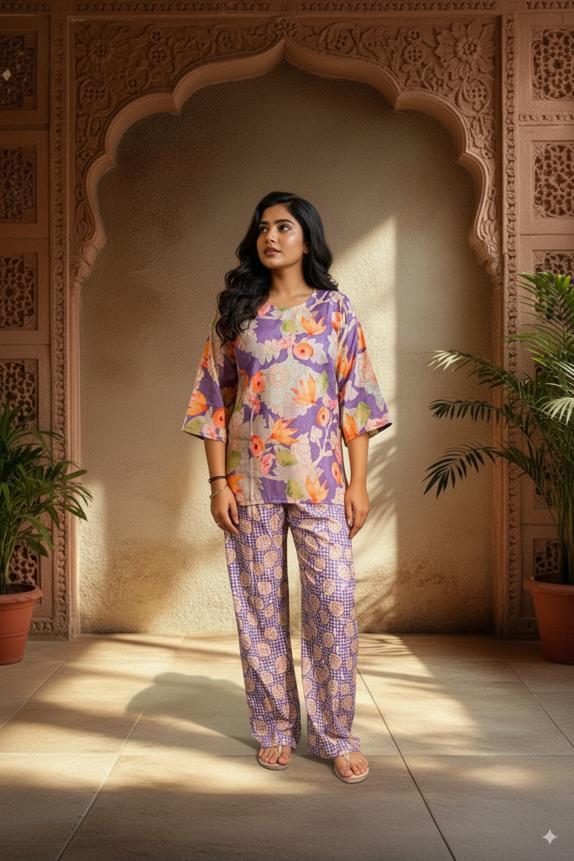 Rangrasa Pure Cotton Palazzo Co-ord Set with Tone-to-Tone Print