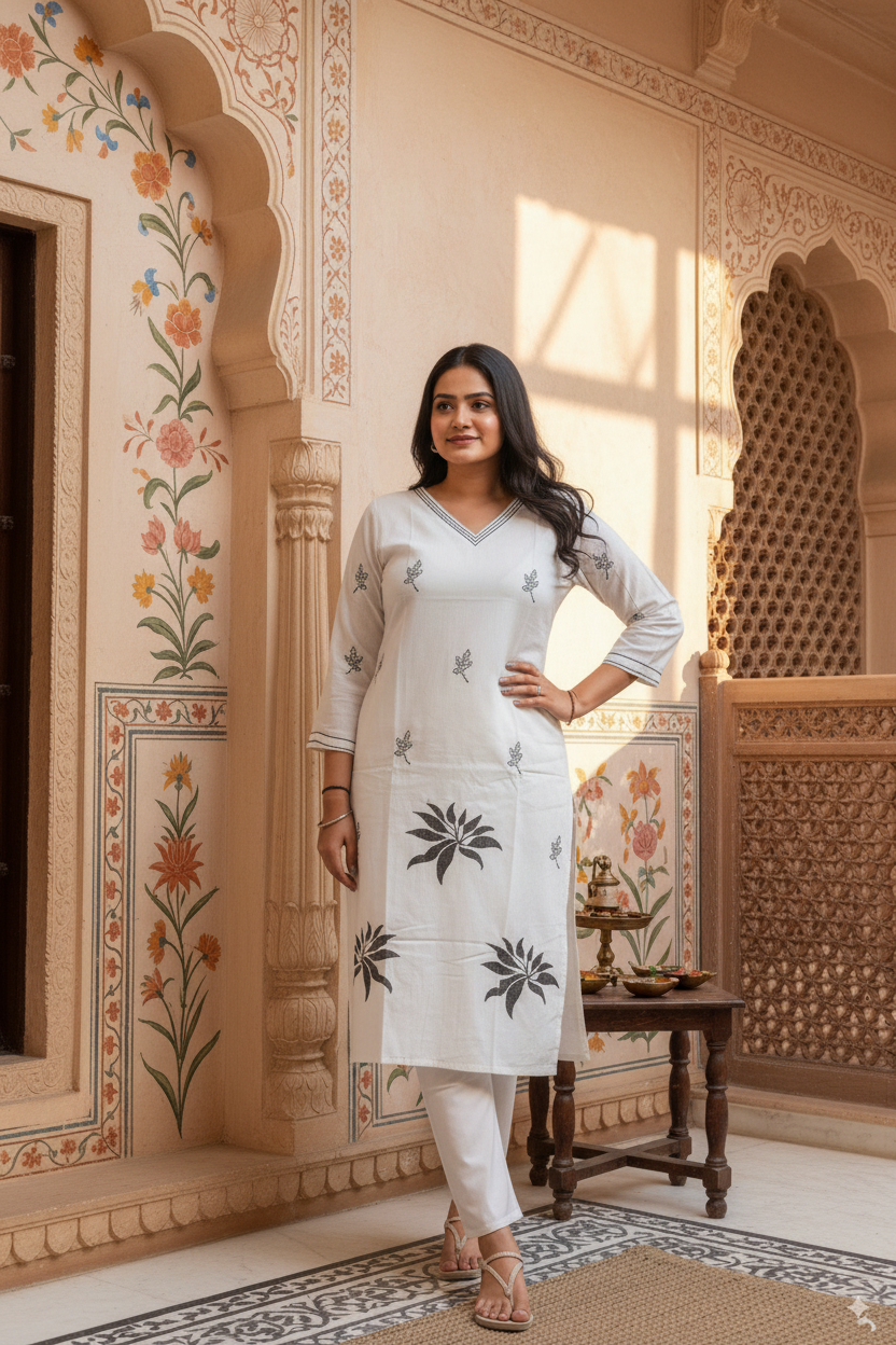 Pure Cotton Embroidered Kurti Set with Bottom