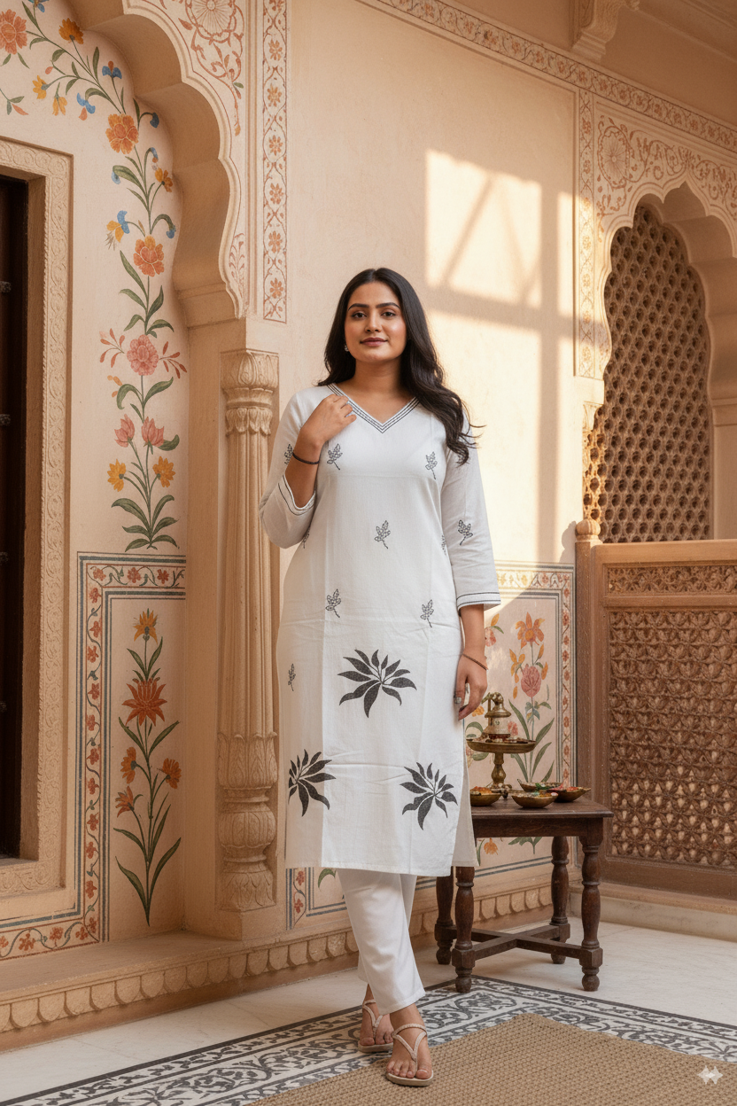 Pure Cotton Embroidered Kurti Set with Bottom