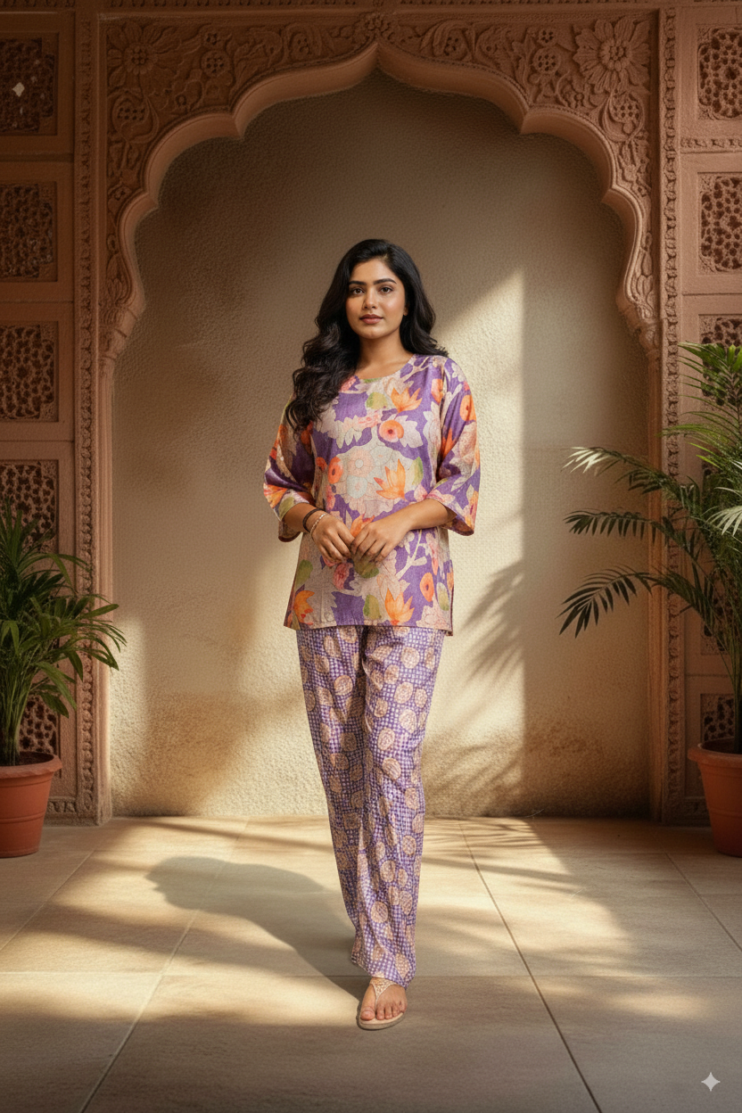 Rangrasa Pure Cotton Palazzo Co-ord Set with Tone-to-Tone Print