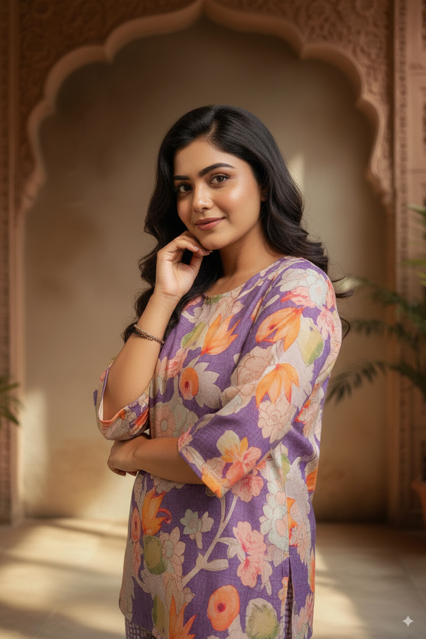 Rangrasa Pure Cotton Palazzo Co-ord Set with Tone-to-Tone Print