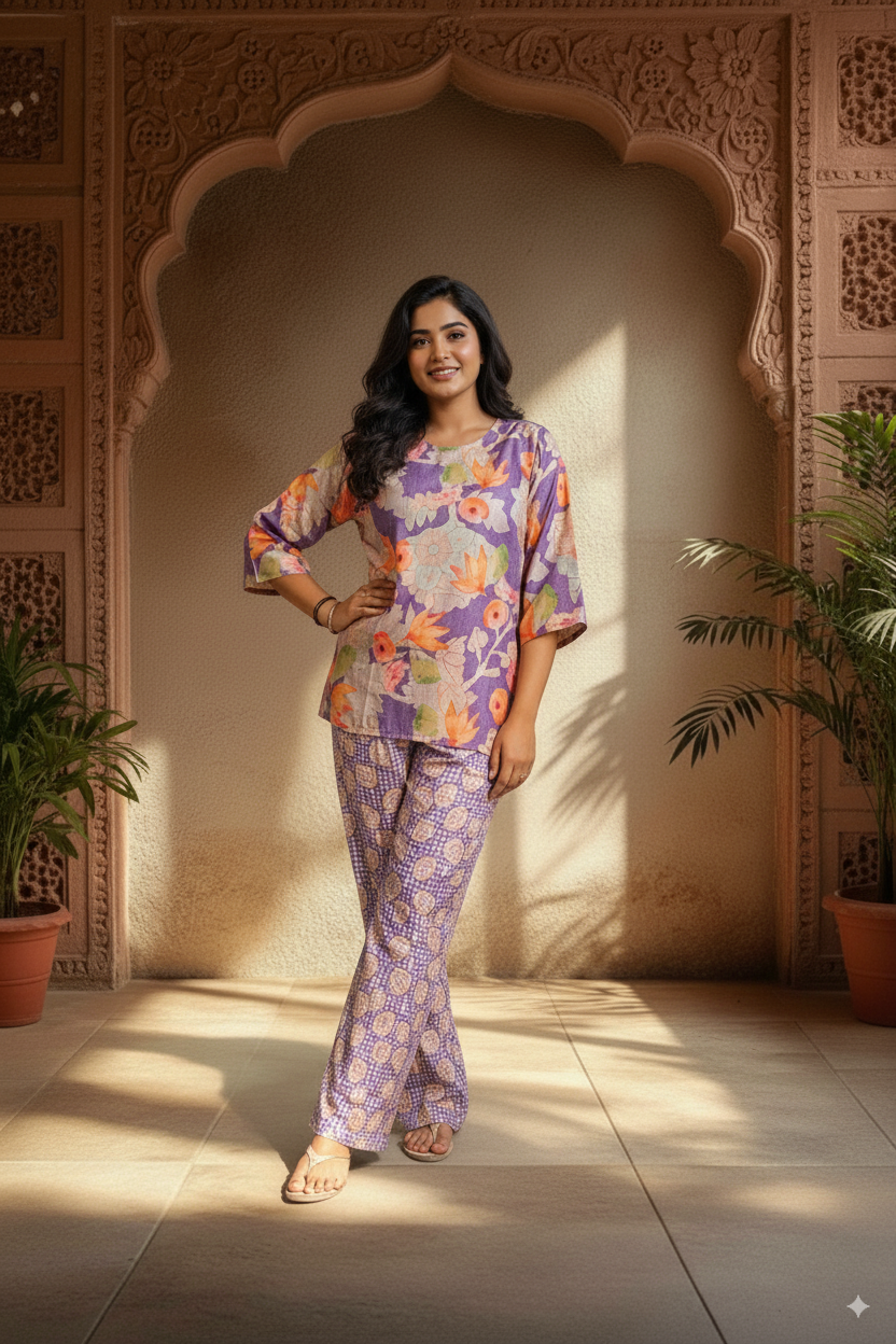 Rangrasa Pure Cotton Palazzo Co-ord Set with Tone-to-Tone Print