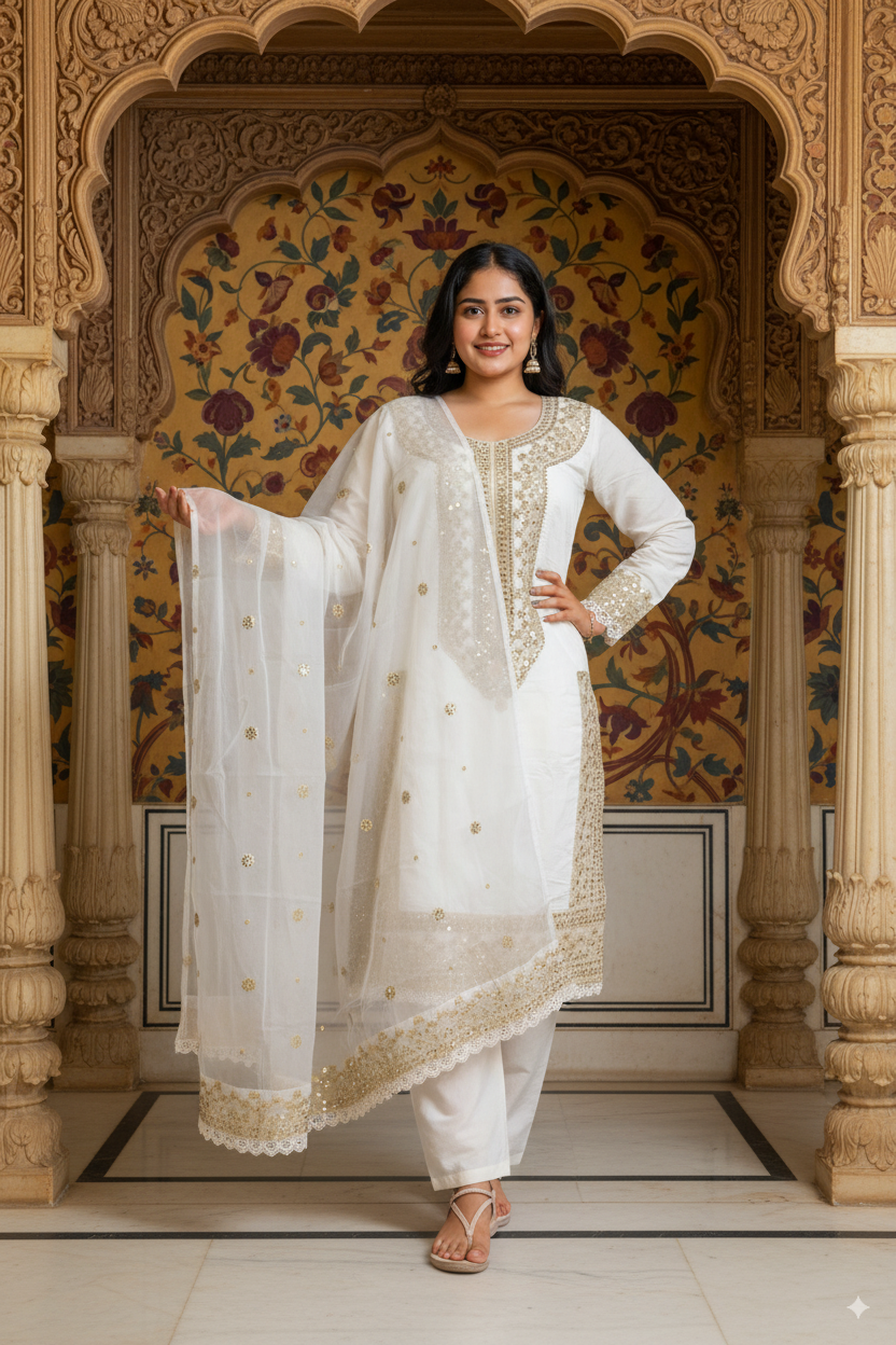 Chanderi Silk Suit Set with Sequin Embroidery & Organza Dupatta