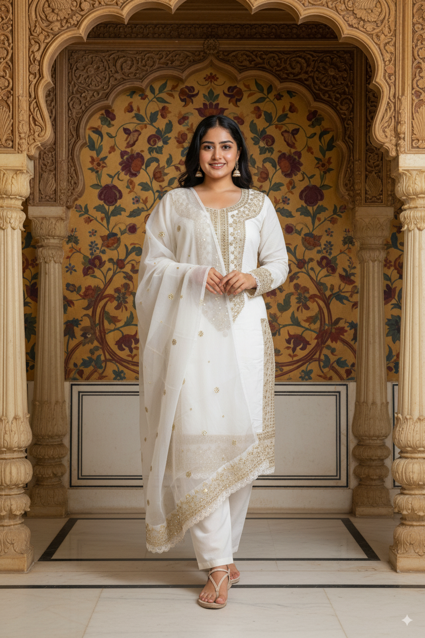 Chanderi Silk Suit Set with Sequin Embroidery & Organza Dupatta