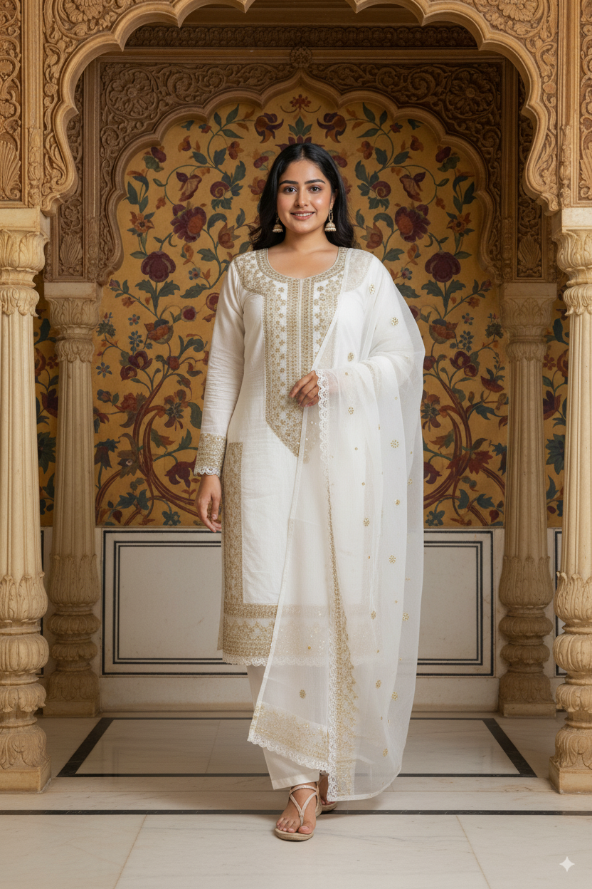 Chanderi Silk Suit Set with Sequin Embroidery & Organza Dupatta