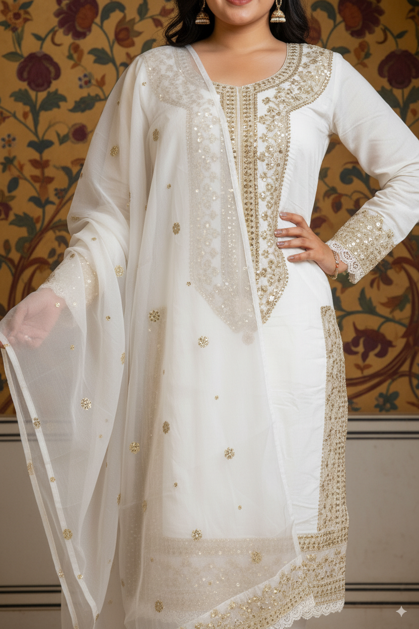Chanderi Silk Suit Set with Sequin Embroidery & Organza Dupatta