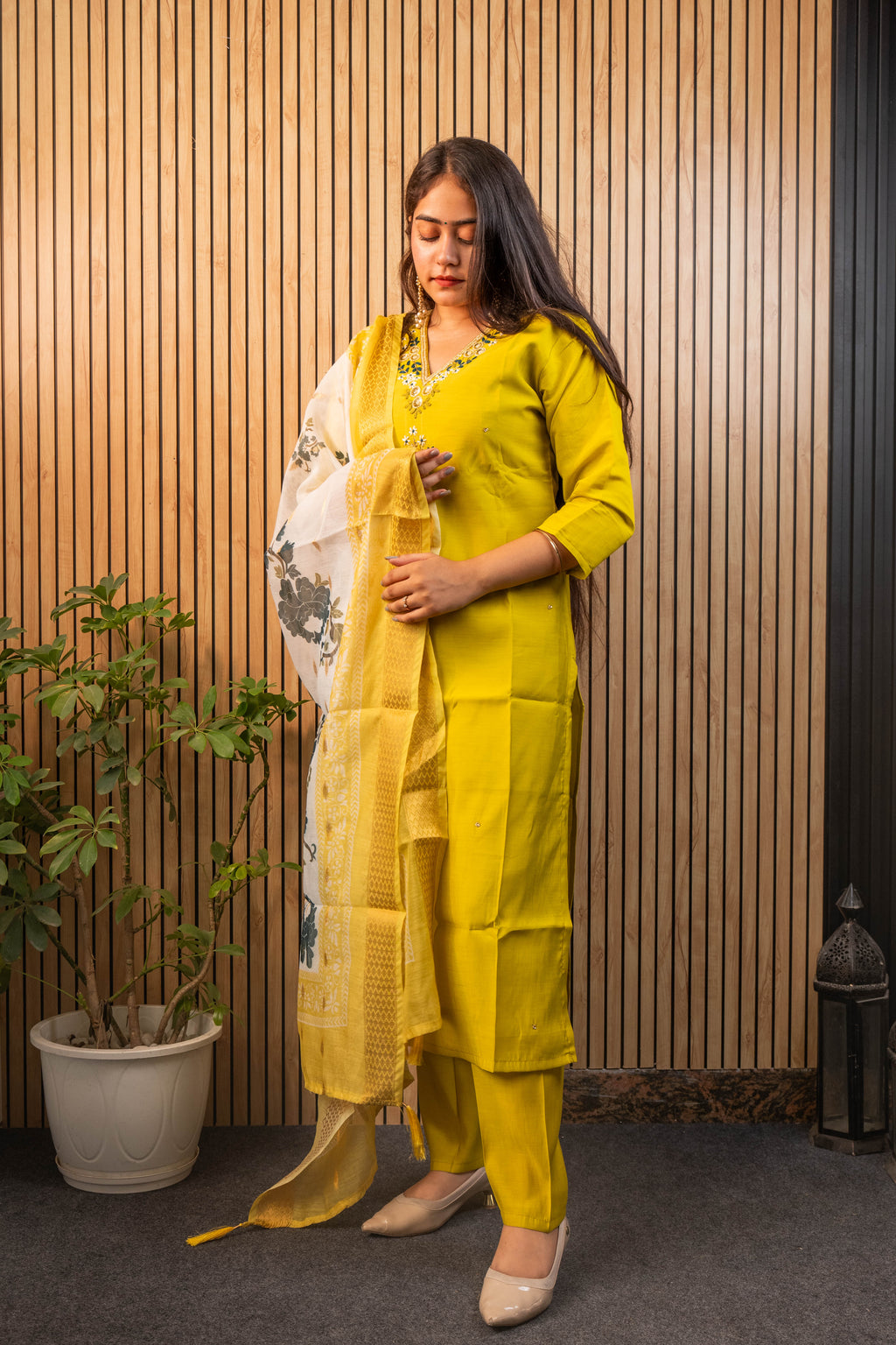 Parrot Green Suit Set with Chanderi Dupatta & Handwork Detailing